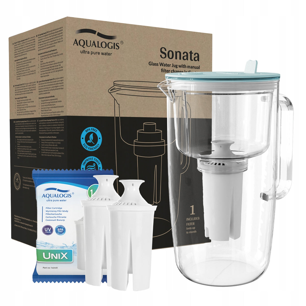 Glass filter jug Sonata Blue + 2 UniX cartridges