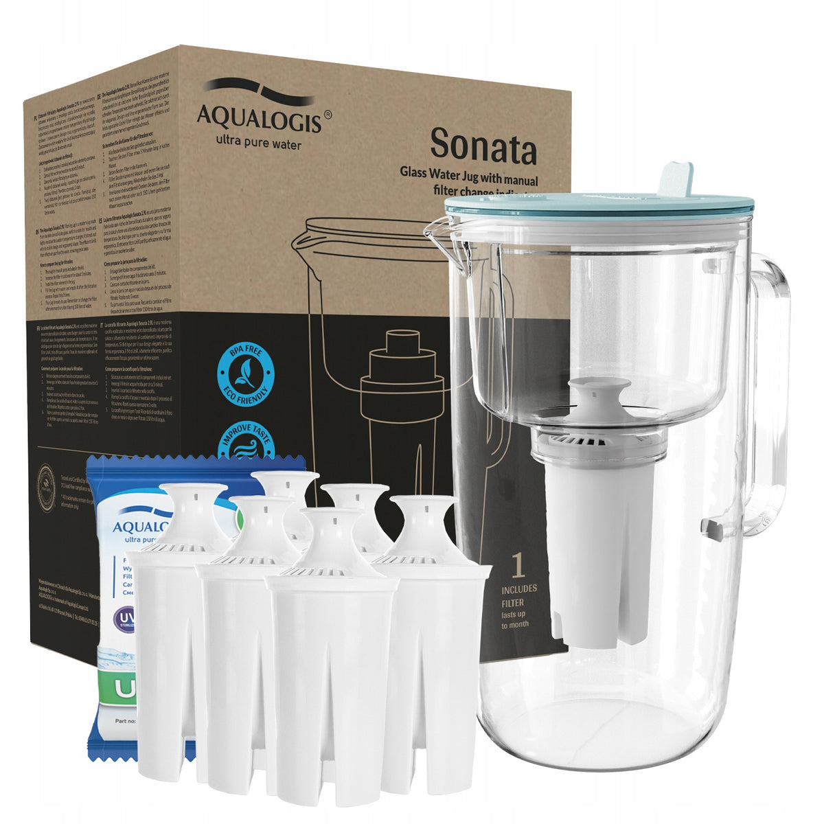 Glass filter jug Sonata Blue + 6 UniX cartridges