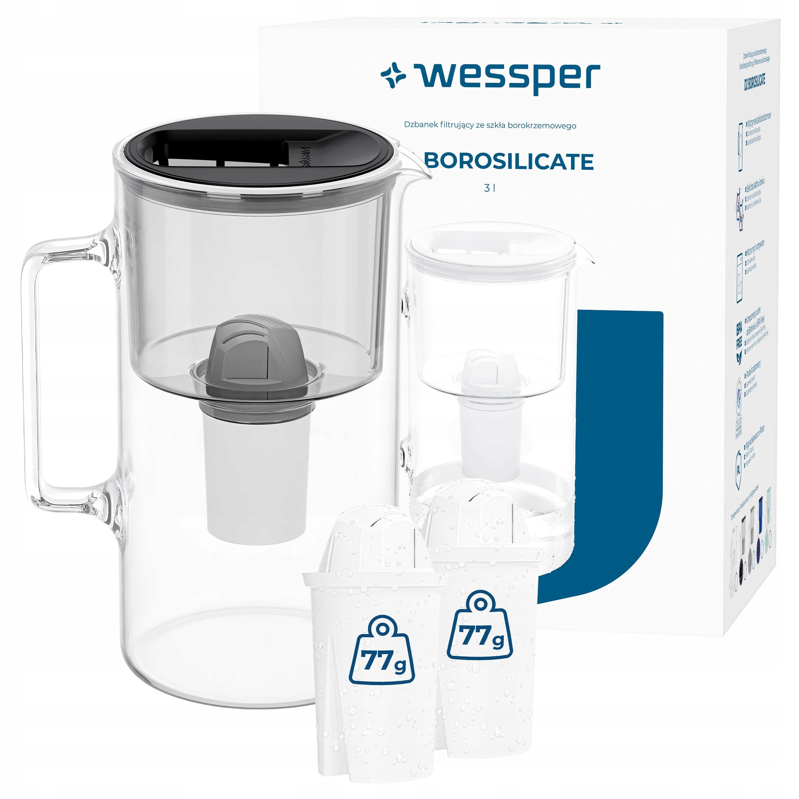 Glass filter jug Wessper 3l B2 BOROSILICATE + 3x water filter