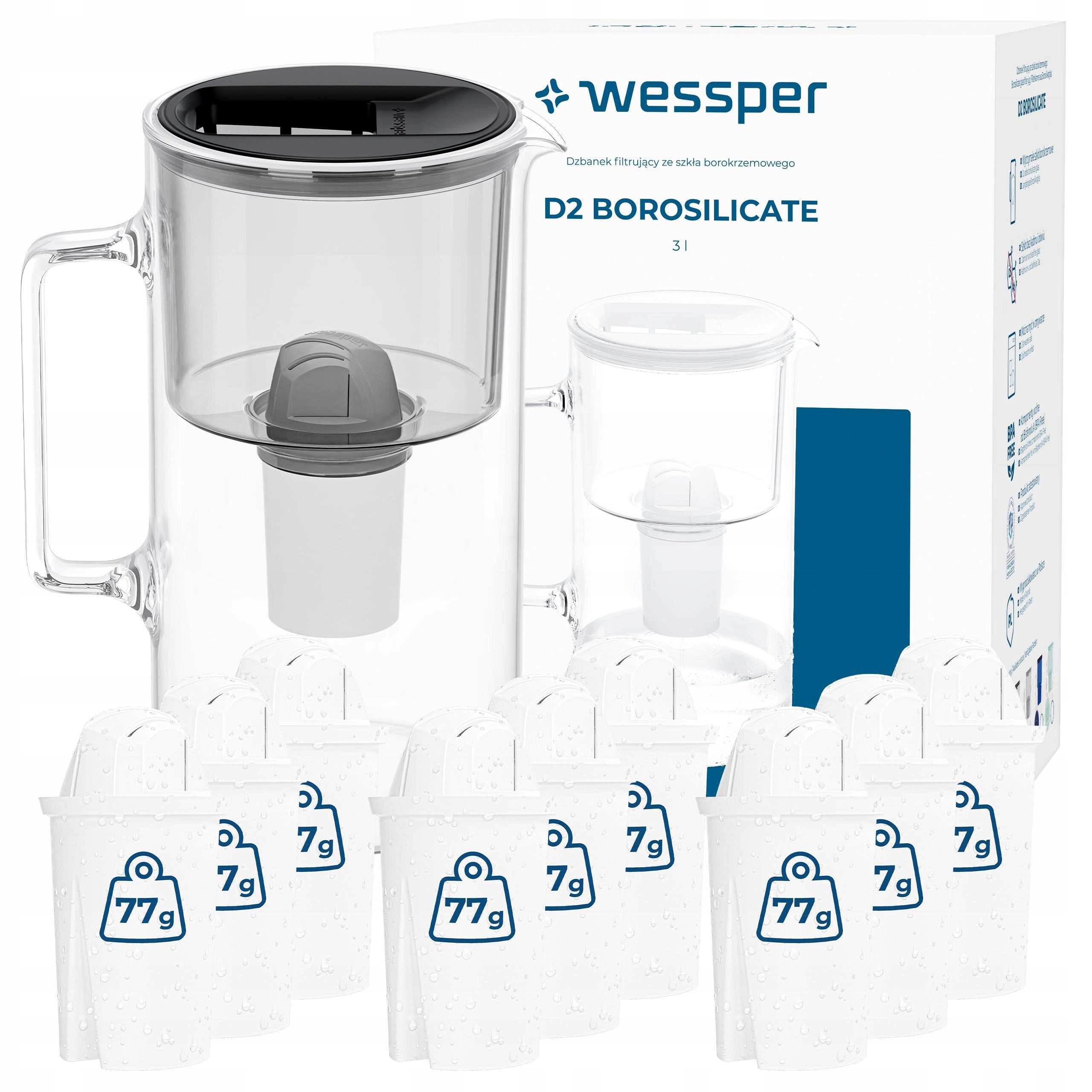 Glass filter jug Wessper 3l D2 BOROSILICATE + 10x water filter