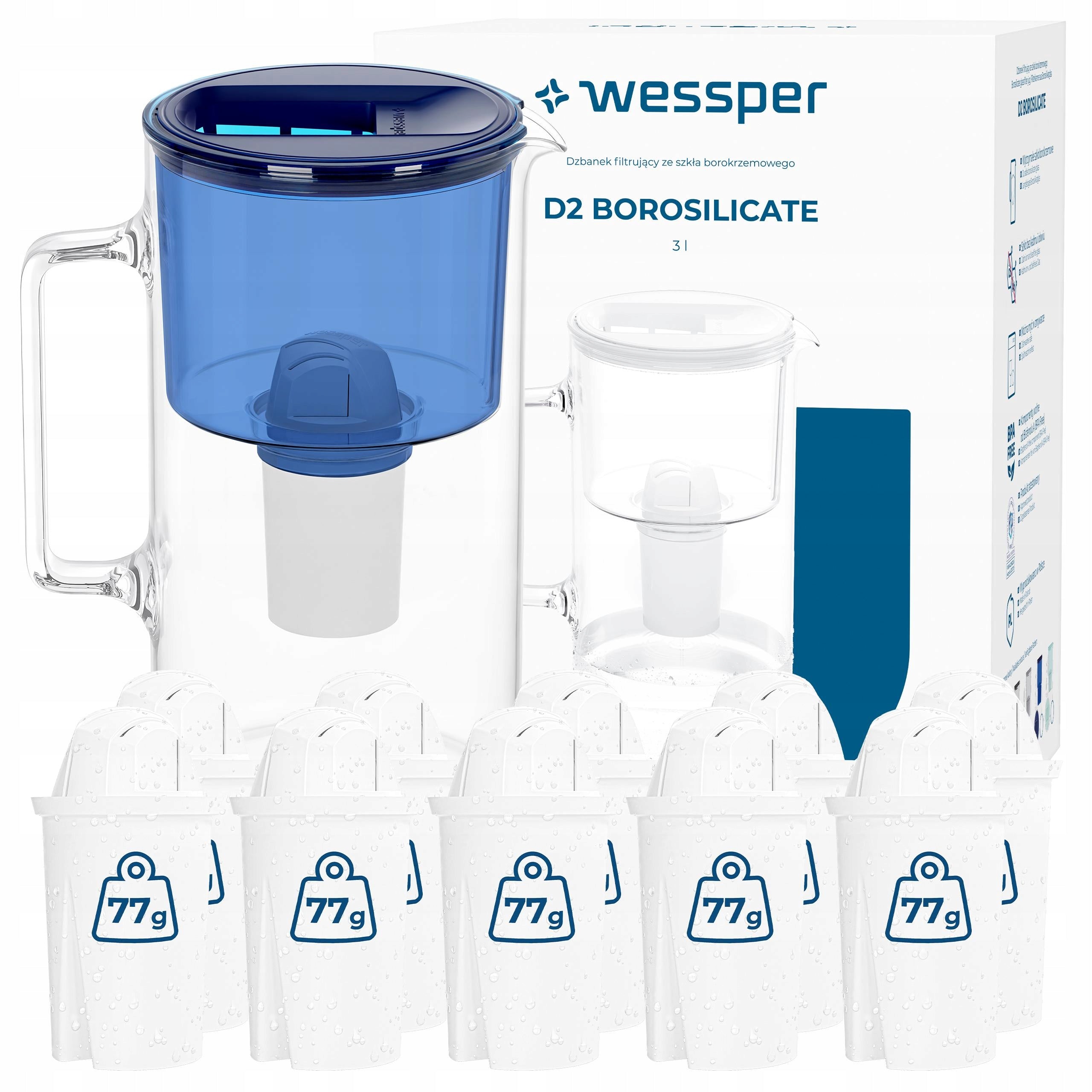 Glass filter jug Wessper 3l D2 BOROSILICATE + 11x water filter
