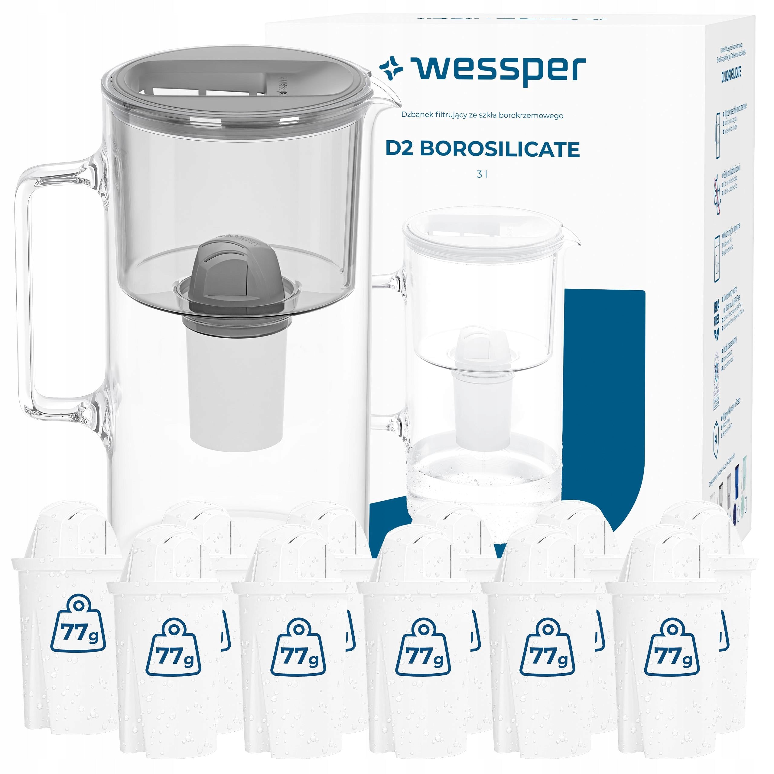 Glass filter jug Wessper 3l D2 BOROSILICATE + 12x filter cartridge