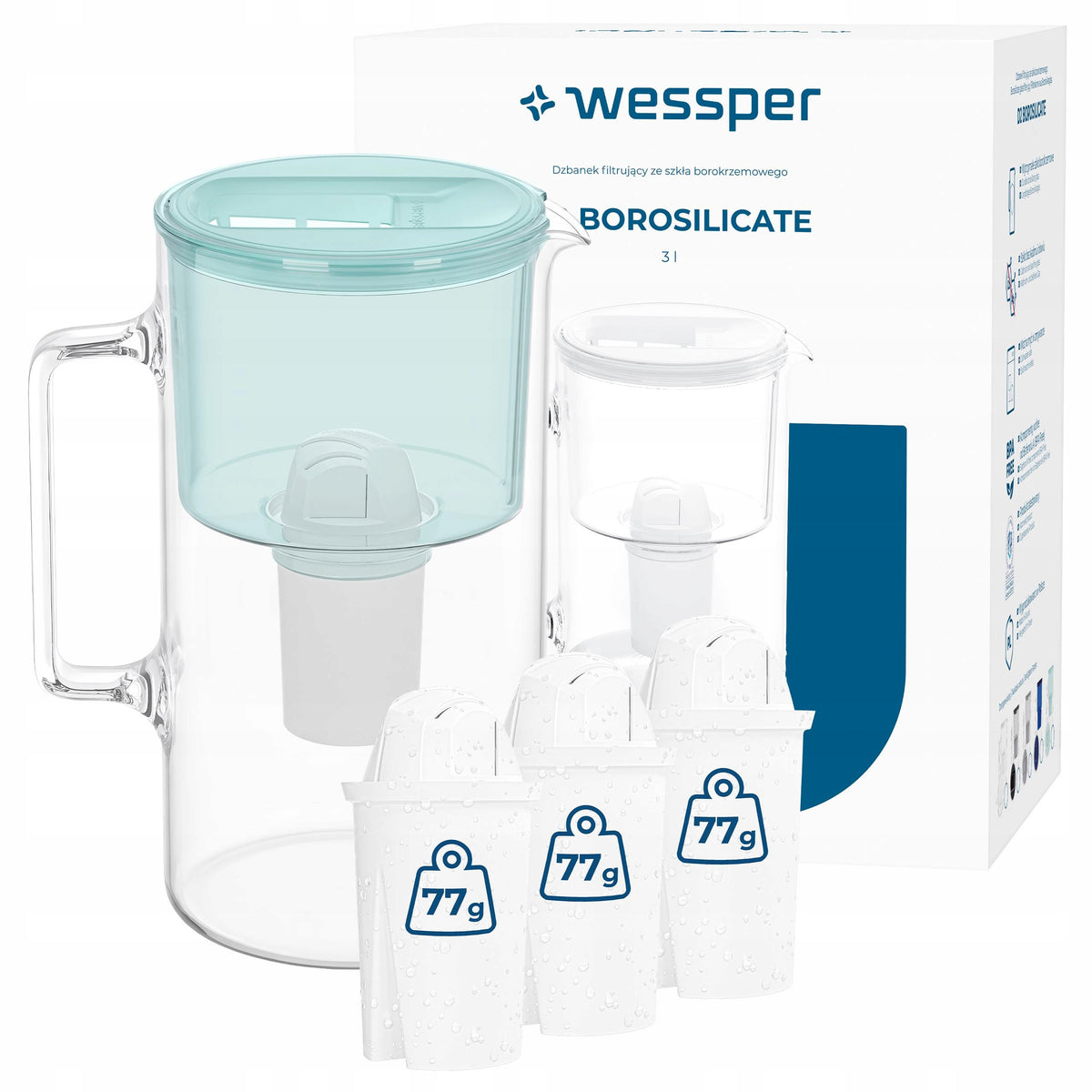 Glass filter jug Wessper 3l D2 BOROSILICATE + 4x water filter