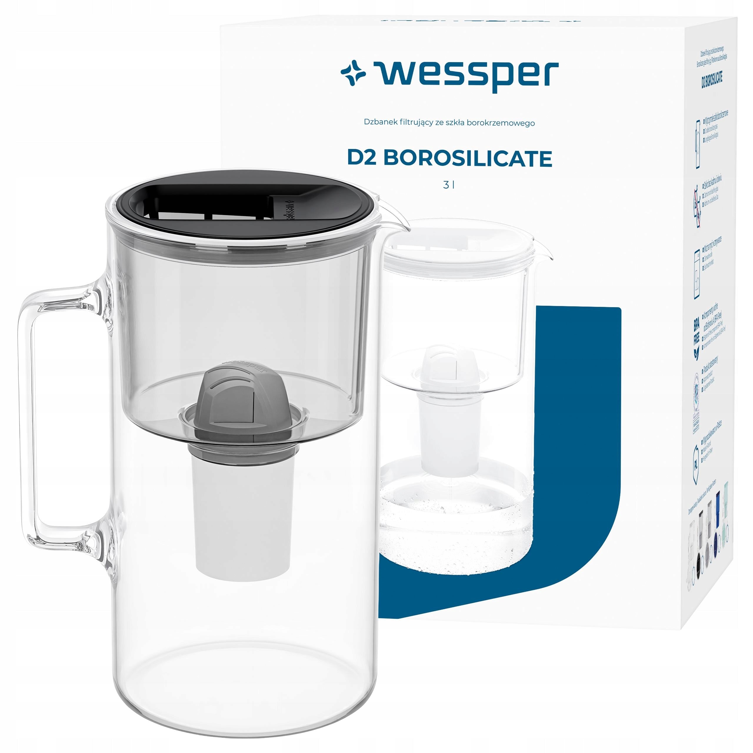 Glass filter jug Wessper 3l D2 BOROSILICATE black + 1x filter