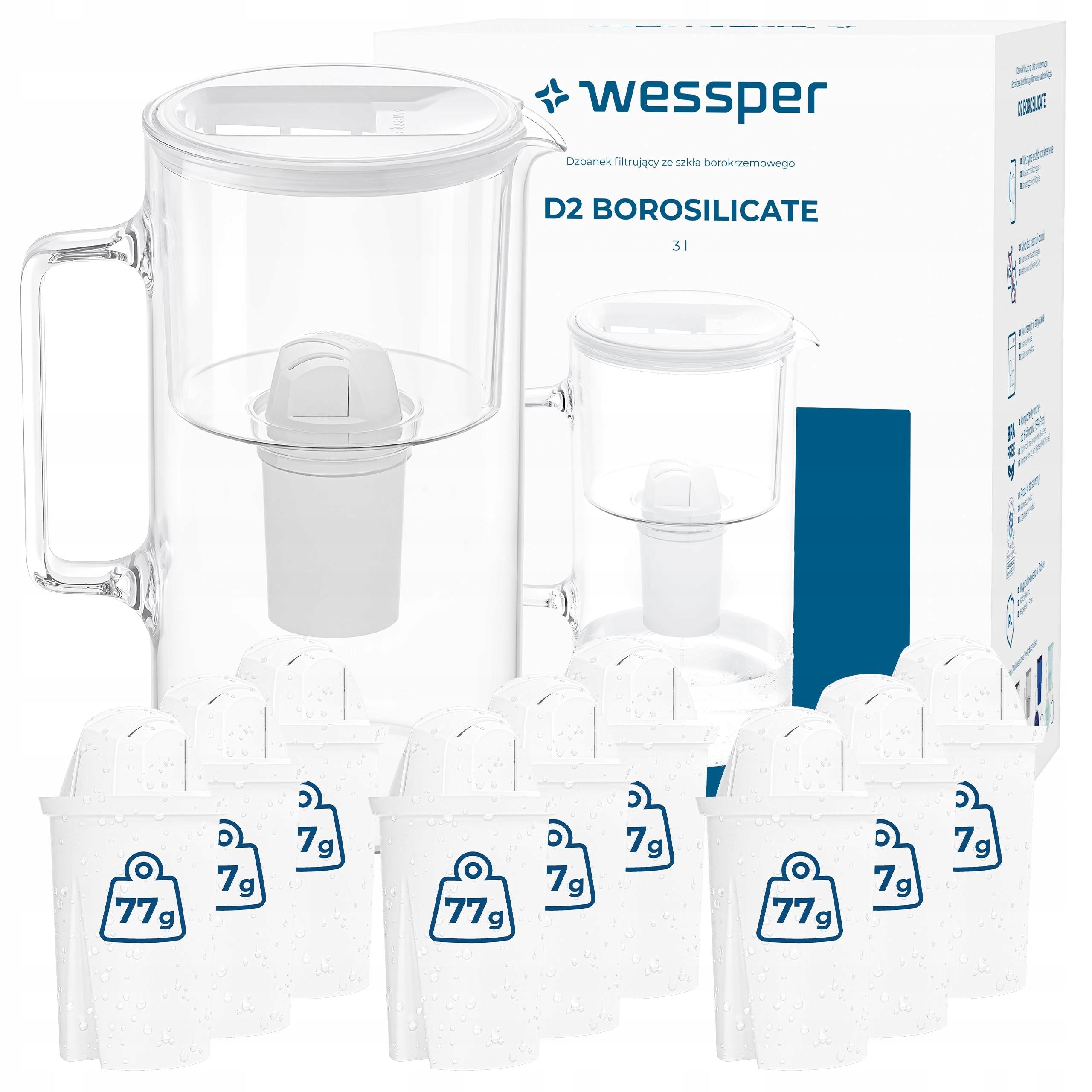Glass filter jug Wessper 3l White + 10x Aquaclassic filter