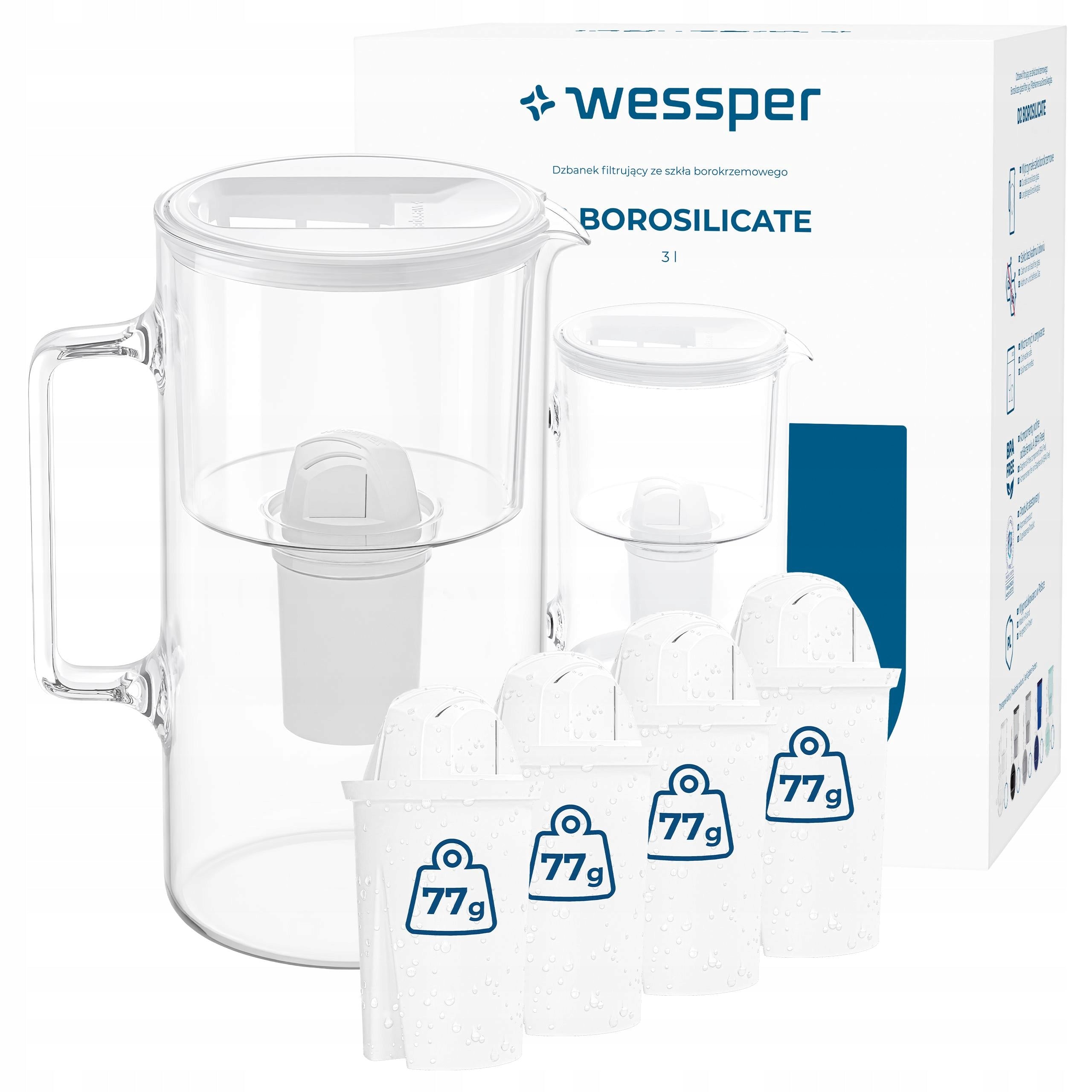Glass filter jug Wessper 3l White + 5x Aquaclassic filter