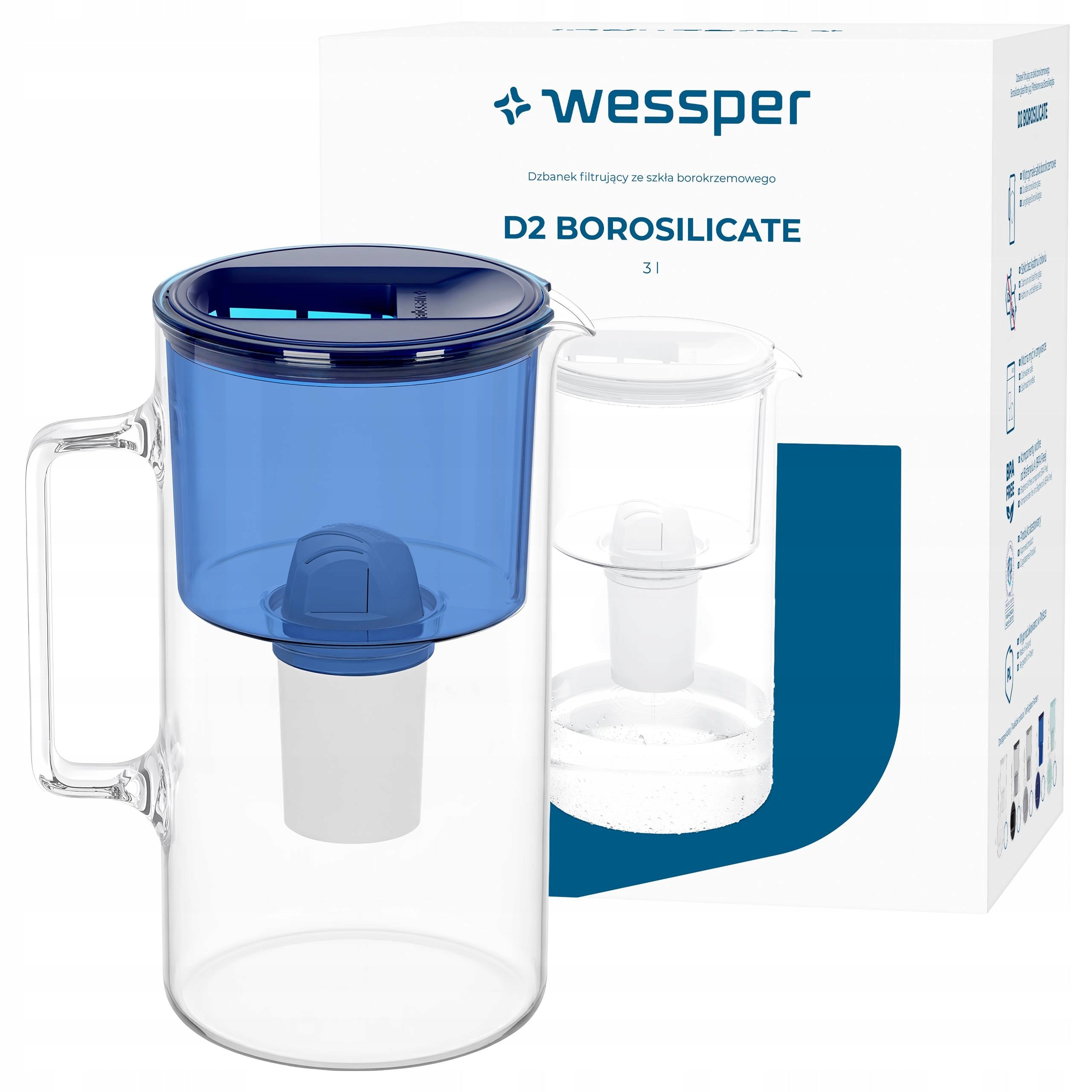 Glass filter jug Wessper D2 BOROSILICATE 3l + 1x filter