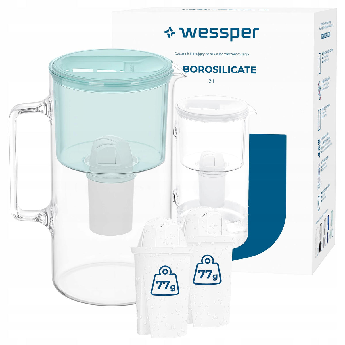 Glass filter jug Wessper D2 BOROSILICATE 3l + 3 AquaClassic filter