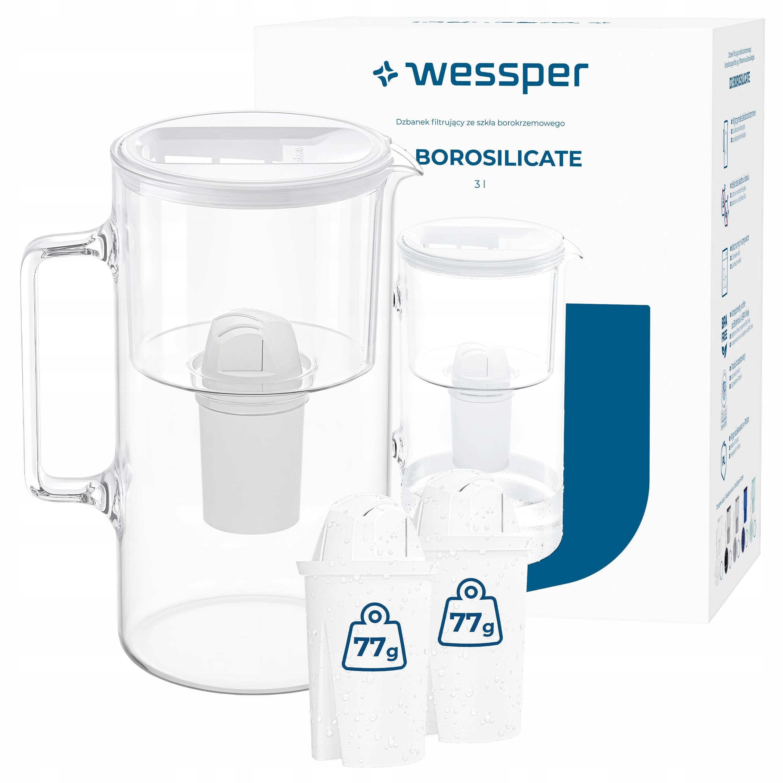 Glass filter jug Wessper D2 BOROSILICATE 3l + 3x filter Wessper