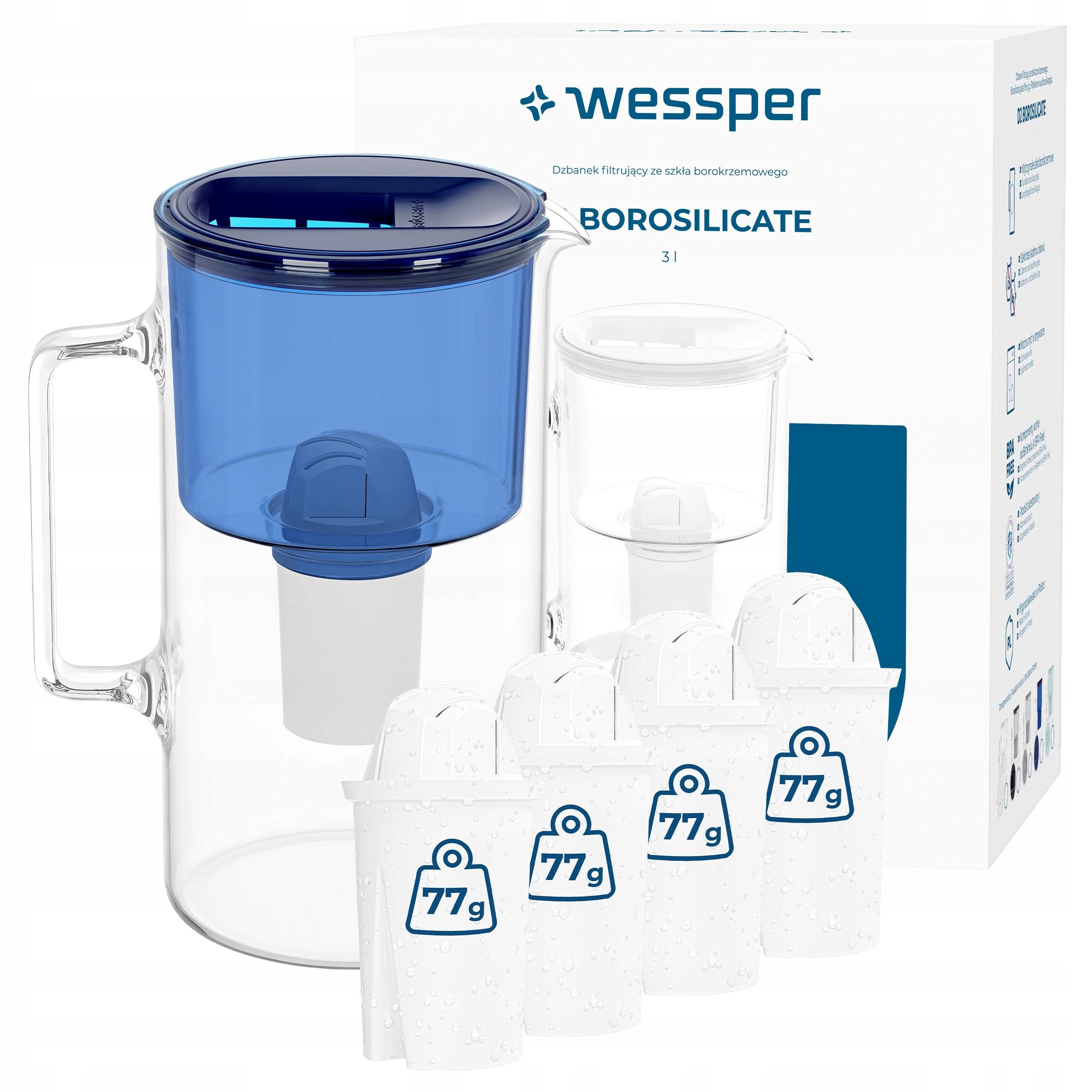 Glass filter jug Wessper D2 BOROSILICATE 3l + 5x filter Wessper