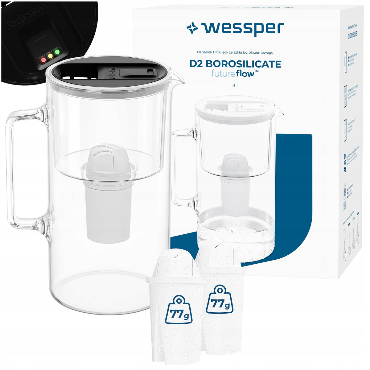 Glass filter jug Wessper D2 BOROSILICATE 3l LED + 3x filter