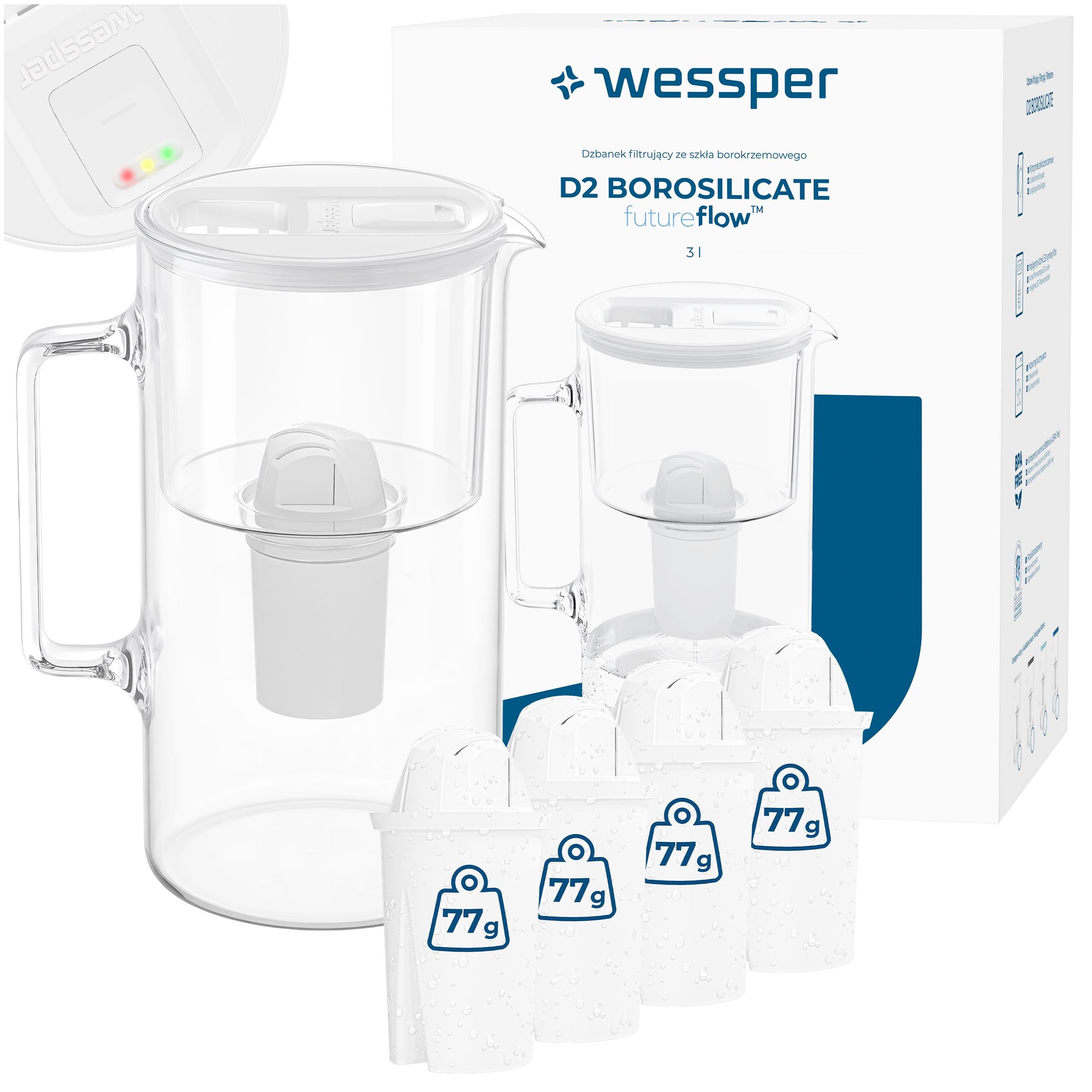 Glass filter jug Wessper D2 BOROSILICATE 3l LED + 5x water filter