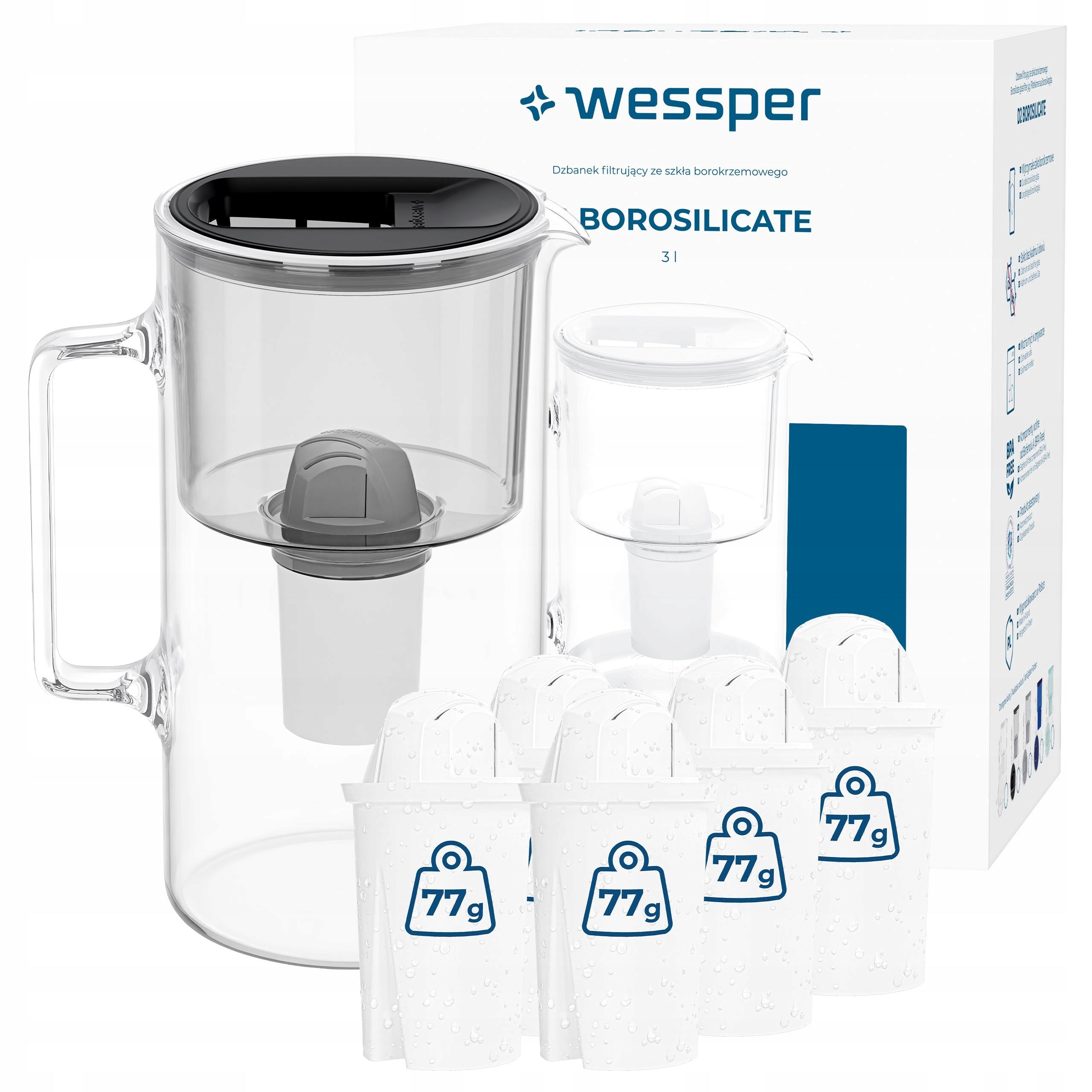 Glass filter jug Wessper D2 BOROSILICATE 3l black + 6x filter