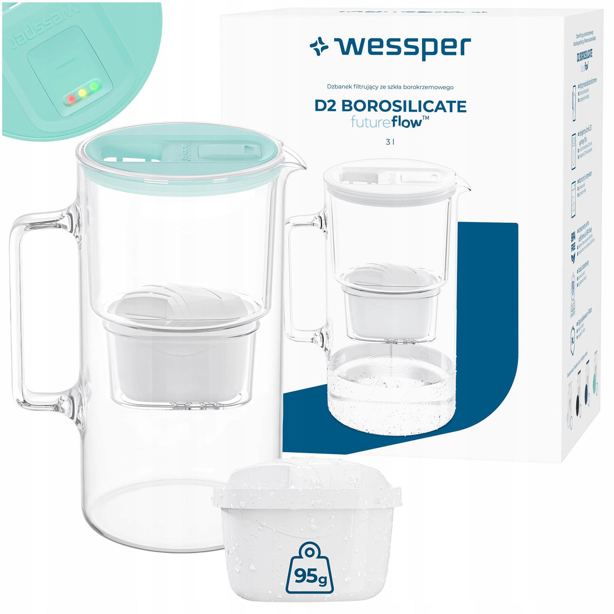Glass filter jug Wessper D2 BOROSILICATE 3l futureflow + 2x filter