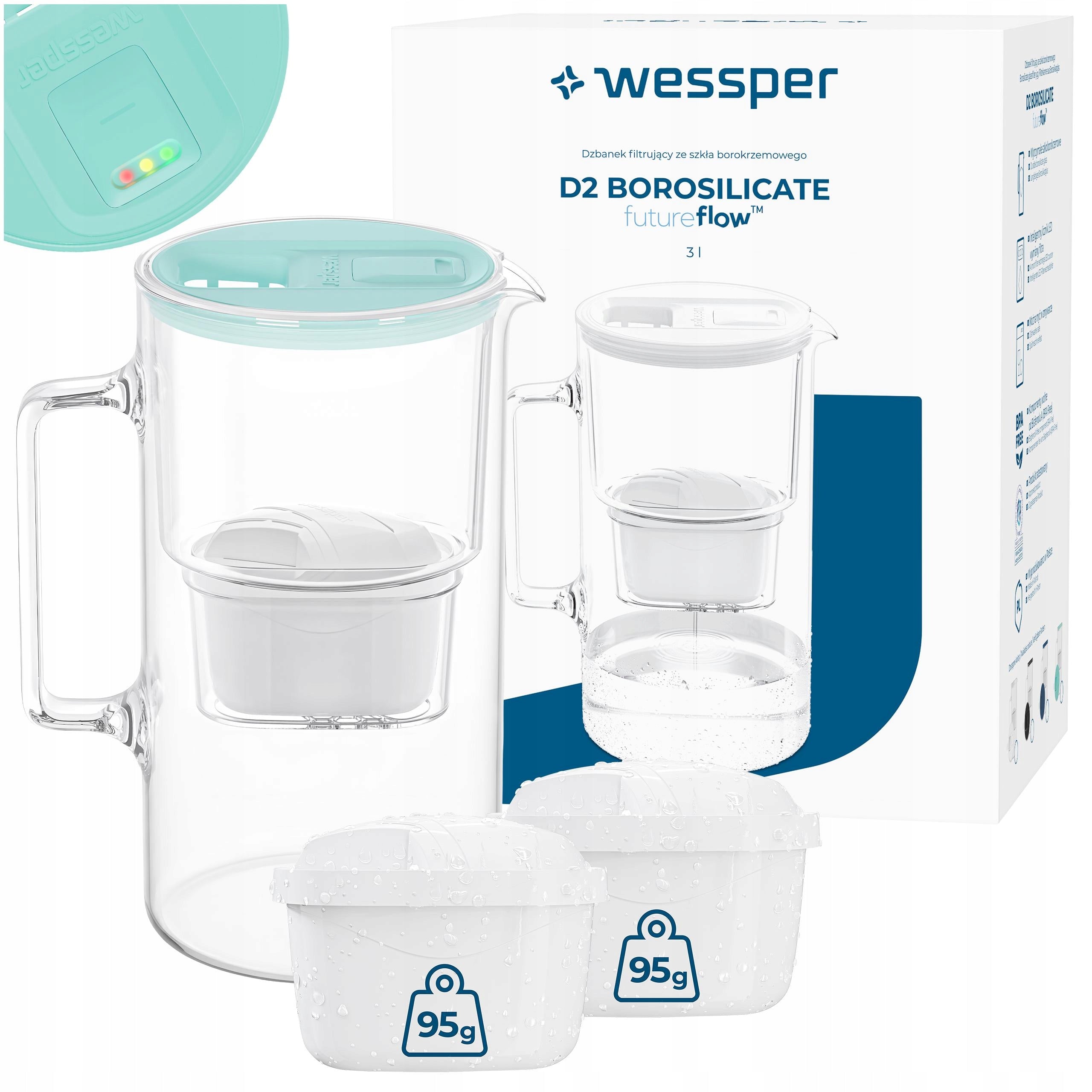 Glass filter jug Wessper D2 BOROSILICATE 3l futureflow + 3x filter