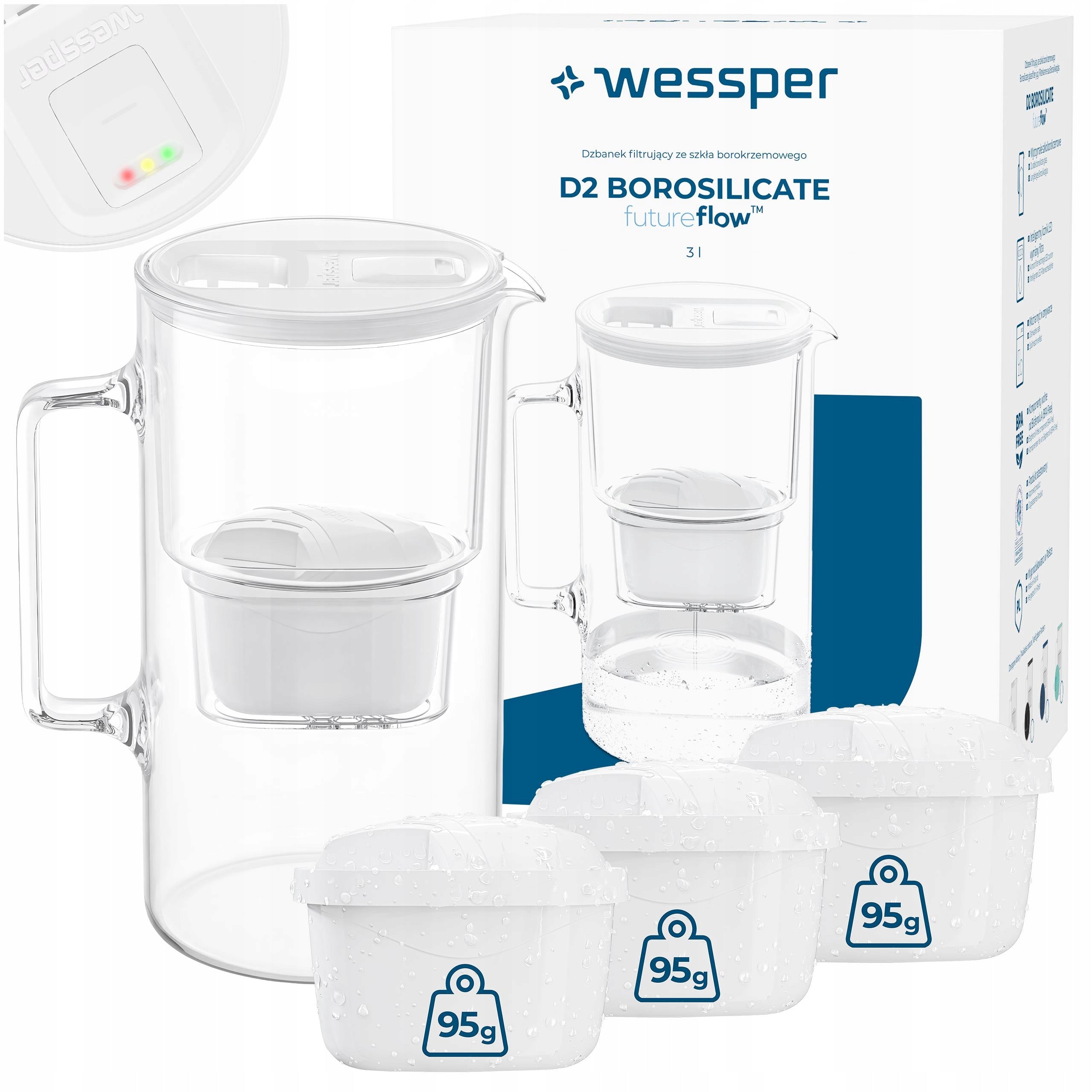 Glass filter jug Wessper D2 BOROSILICATE 3l futureflow + 4x filter