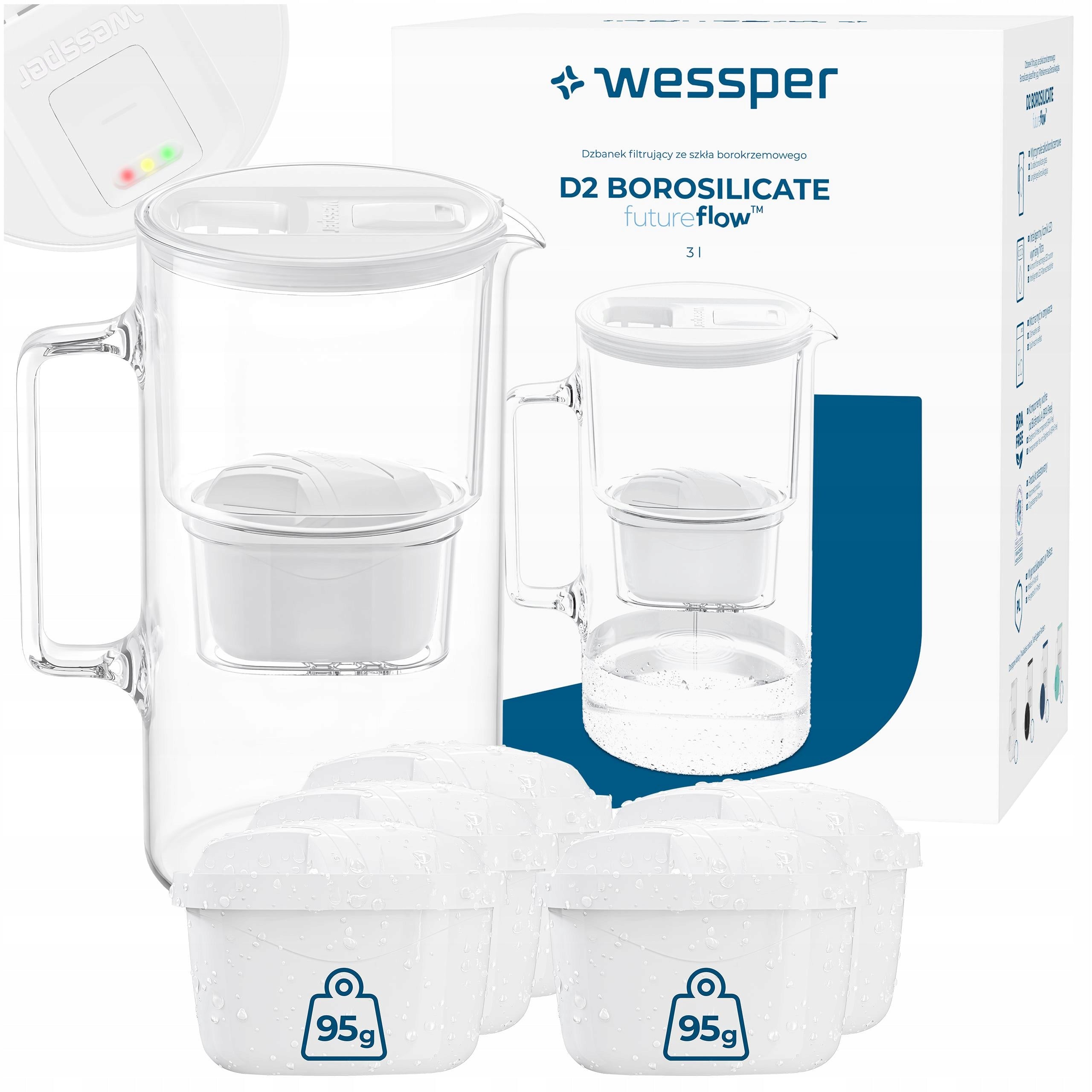 Glass filter jug Wessper D2 BOROSILICATE 3l futureflow + 6x filter