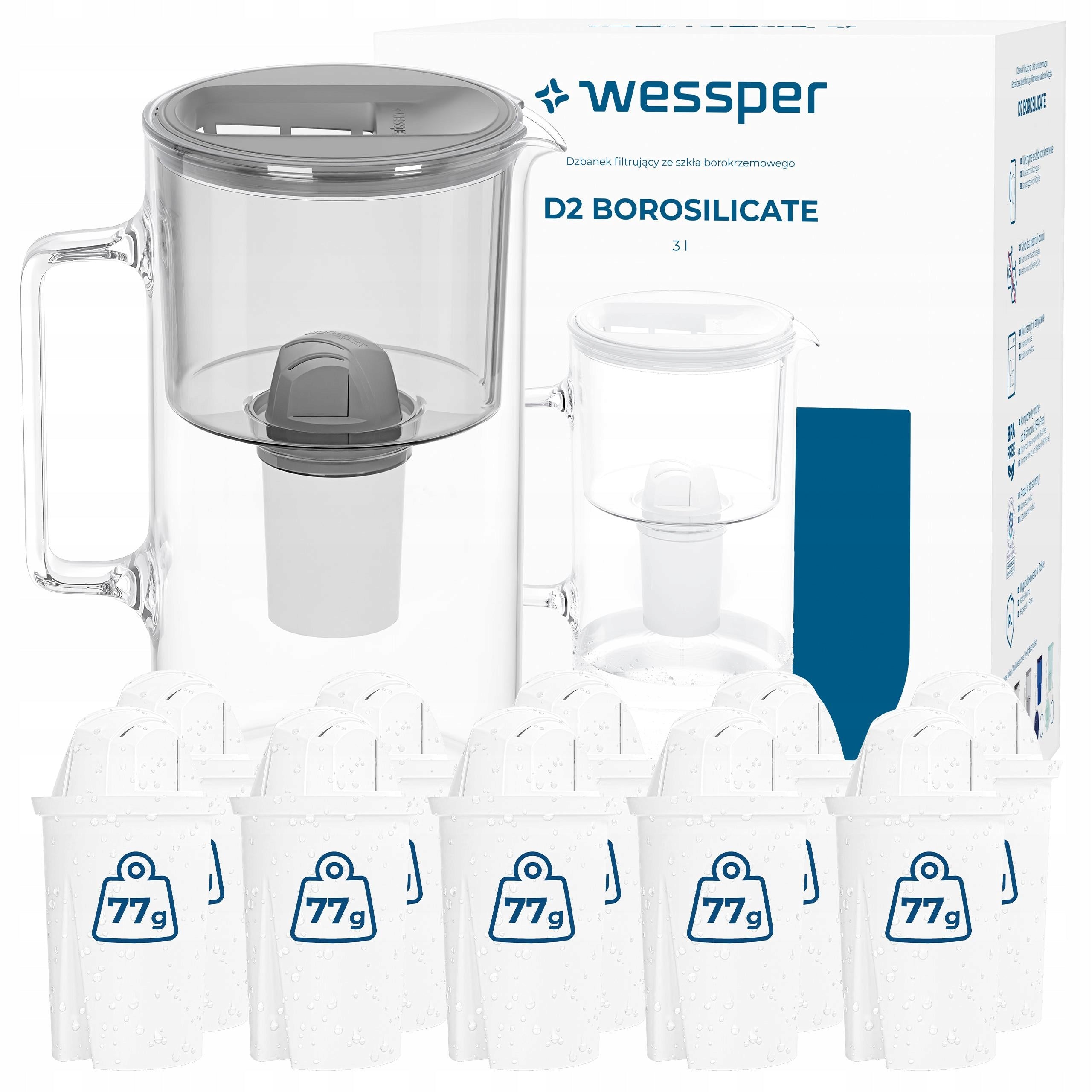 Glass filter jug Wessper D2 BOROSILICATE 3l grey + 11x filter