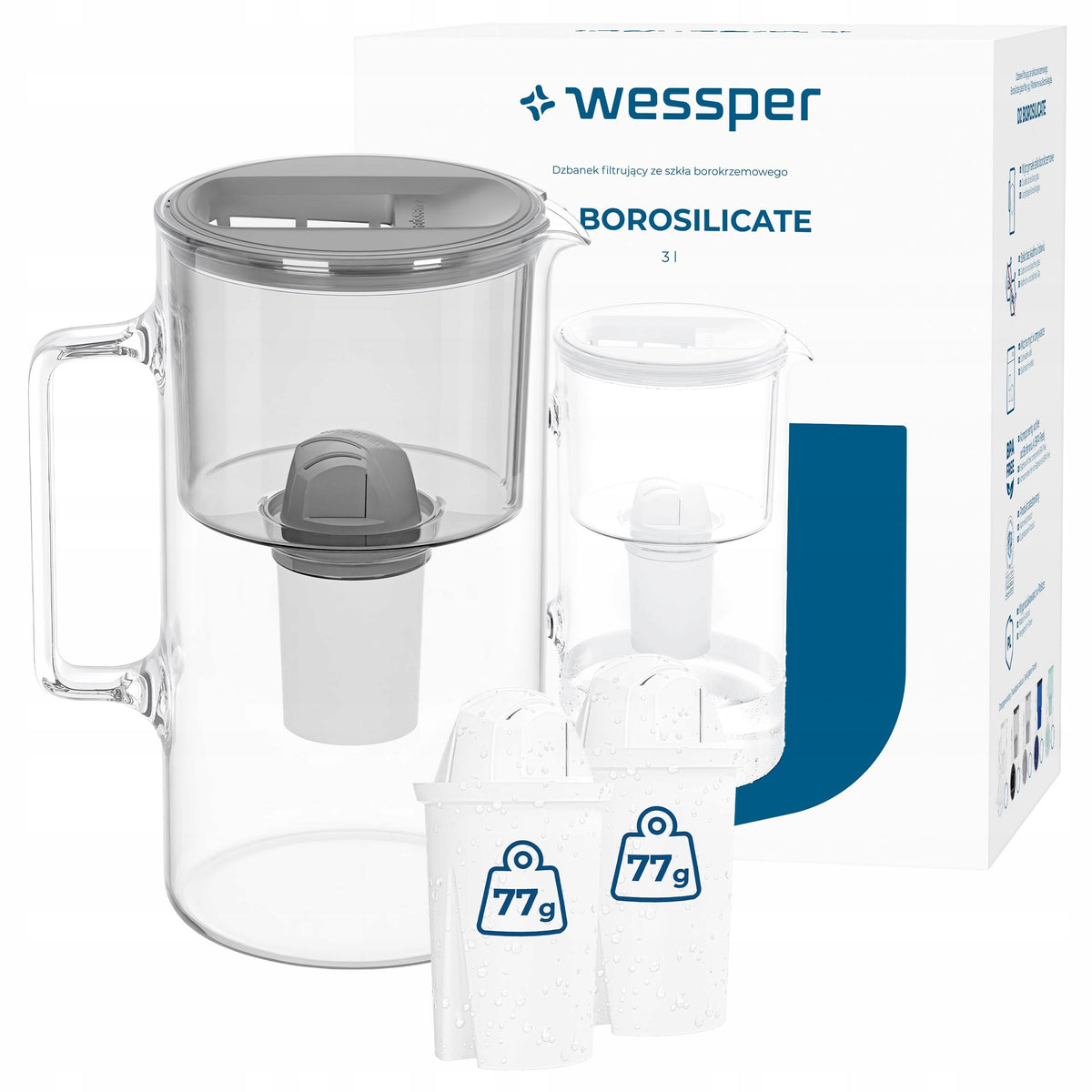 Glass filter jug Wessper D2 BOROSILICATE 3l grey + 3x filter