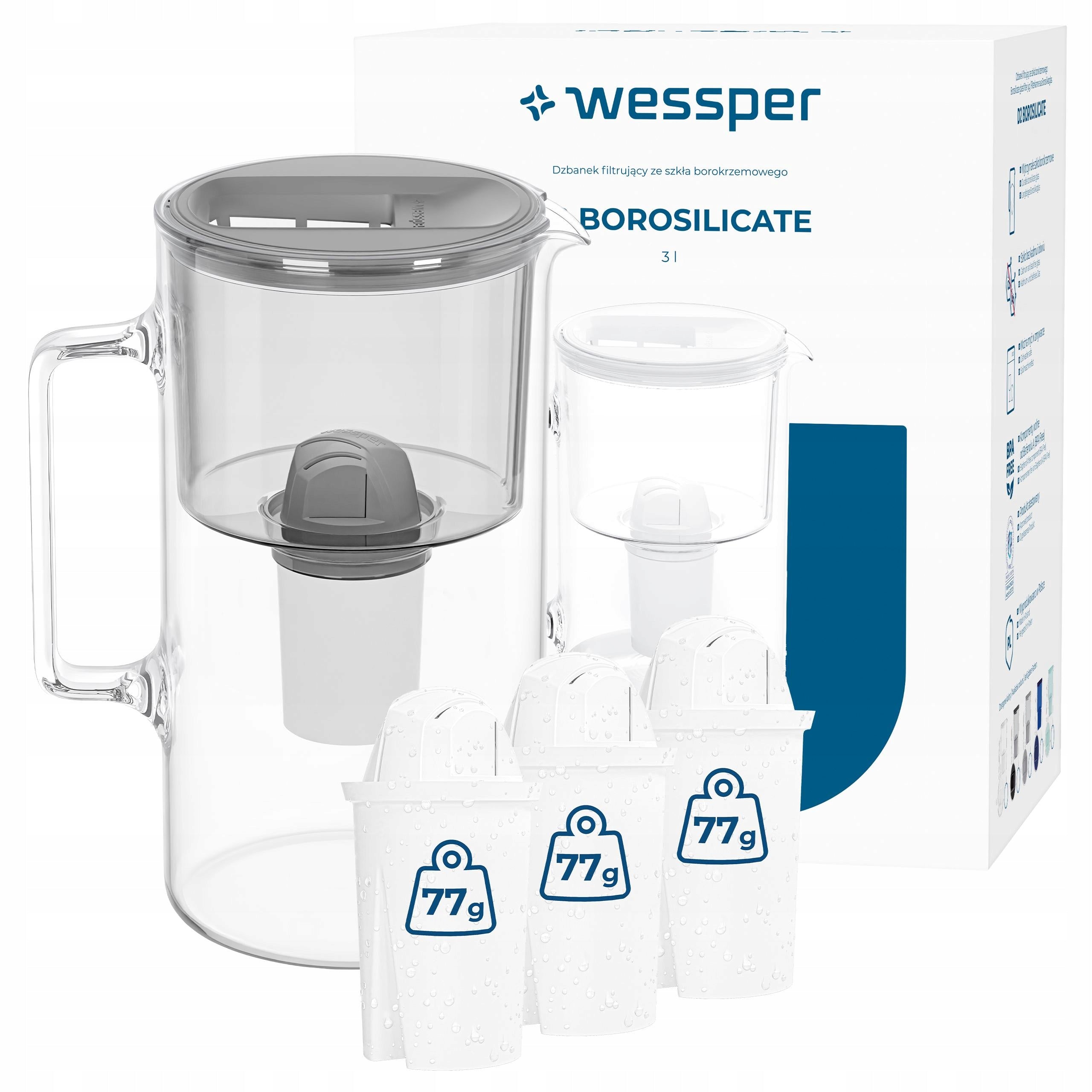 Glass filter jug Wessper D2 BOROSILICATE 3l grey + 4x filter