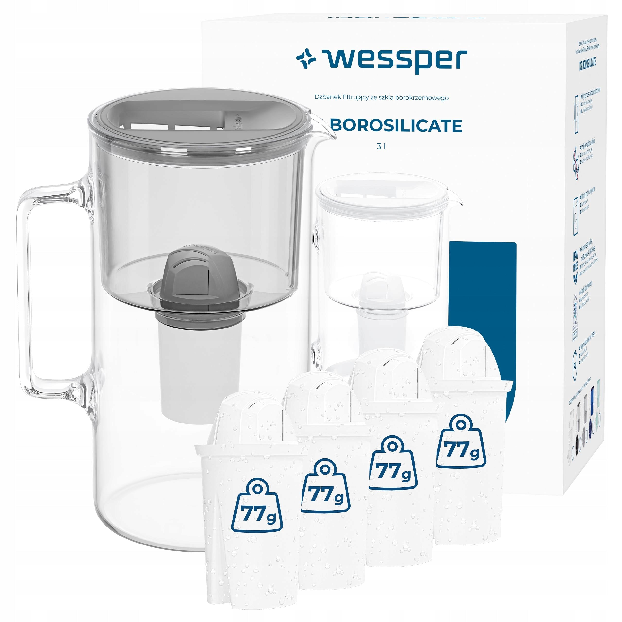 Glass filter jug Wessper D2 BOROSILICATE 3l grey + 5x filter
