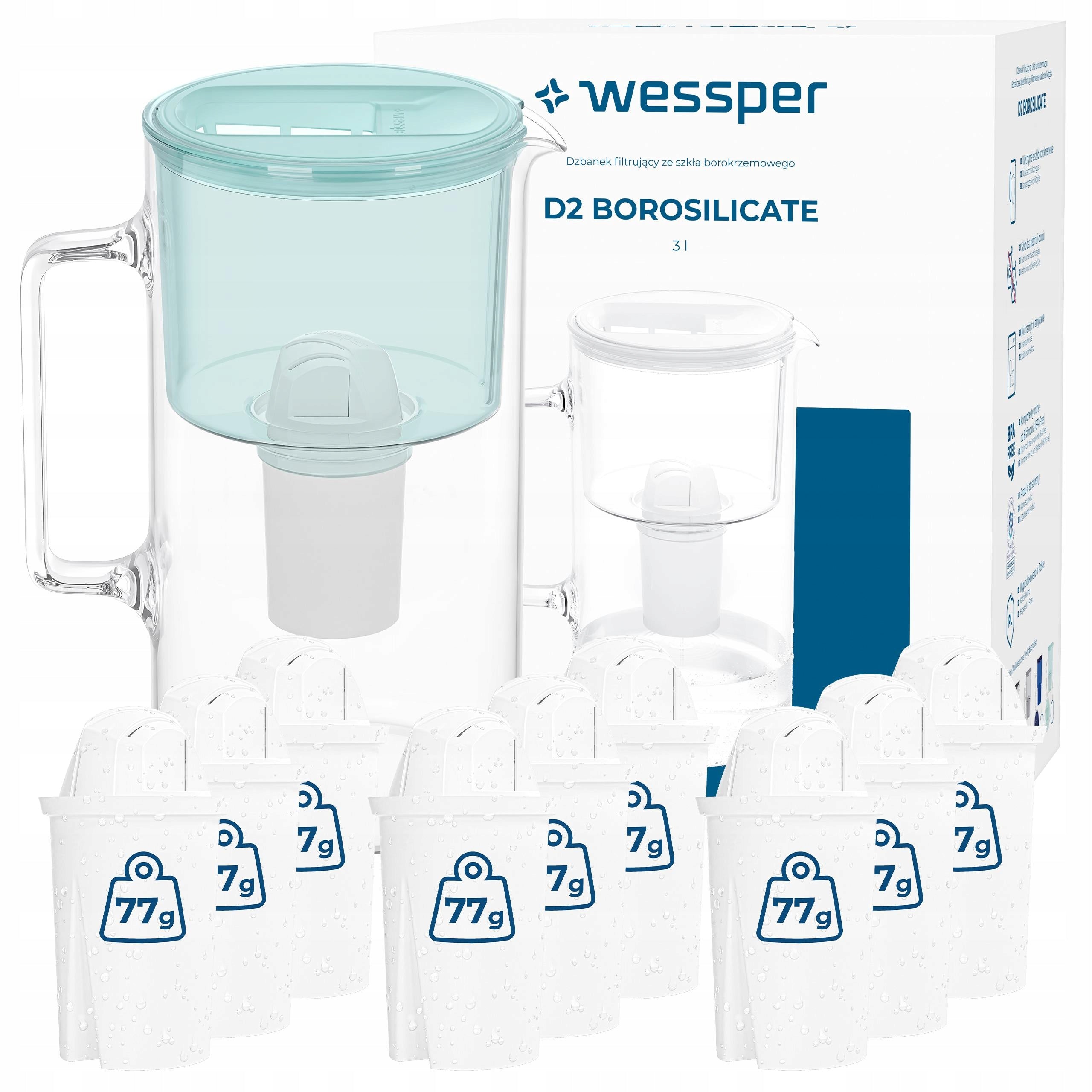 Glass filter jug Wessper D2 BOROSILICATE 3l mint + 10x filter