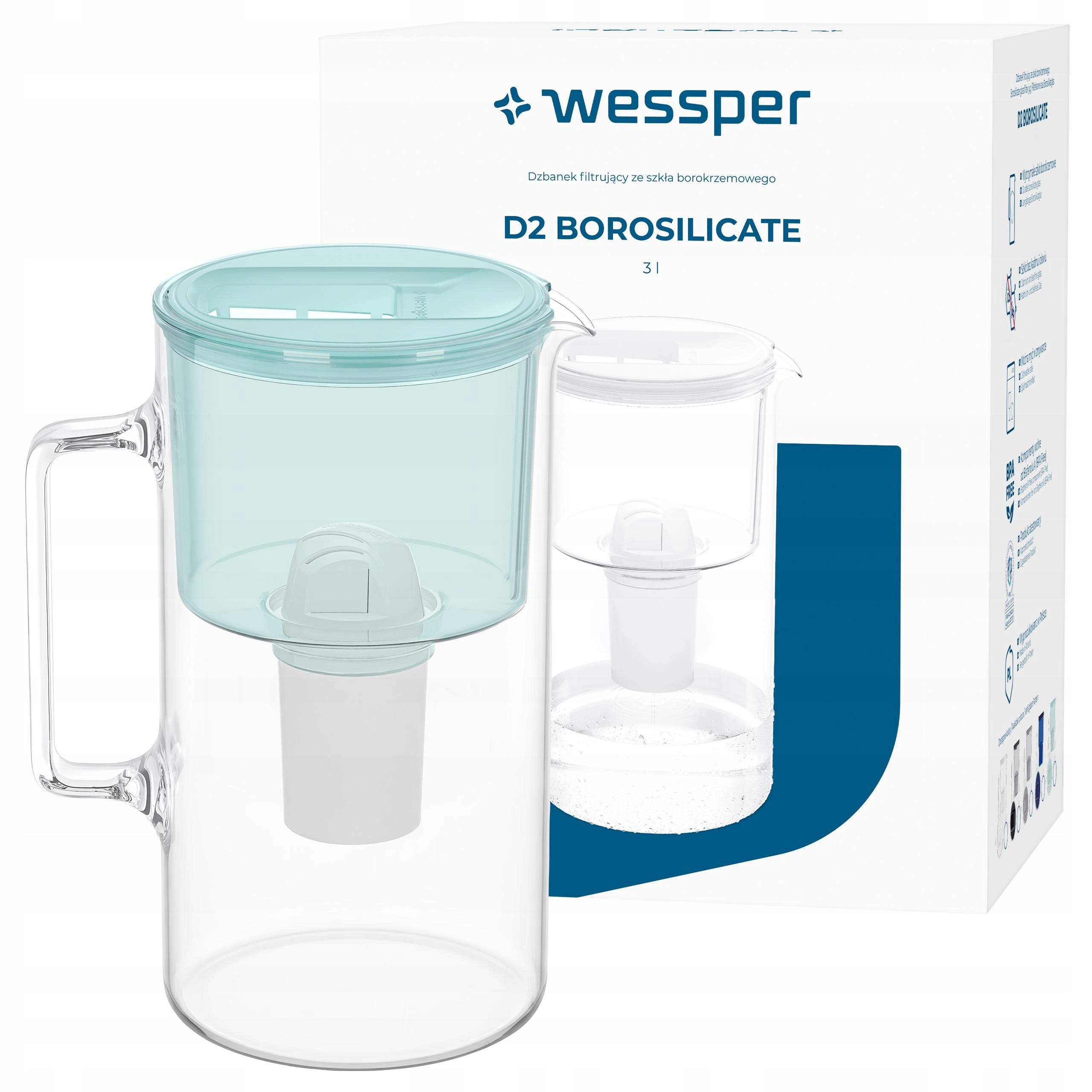 Glass filter jug Wessper D2 BOROSILICATE 3l mint + filter
