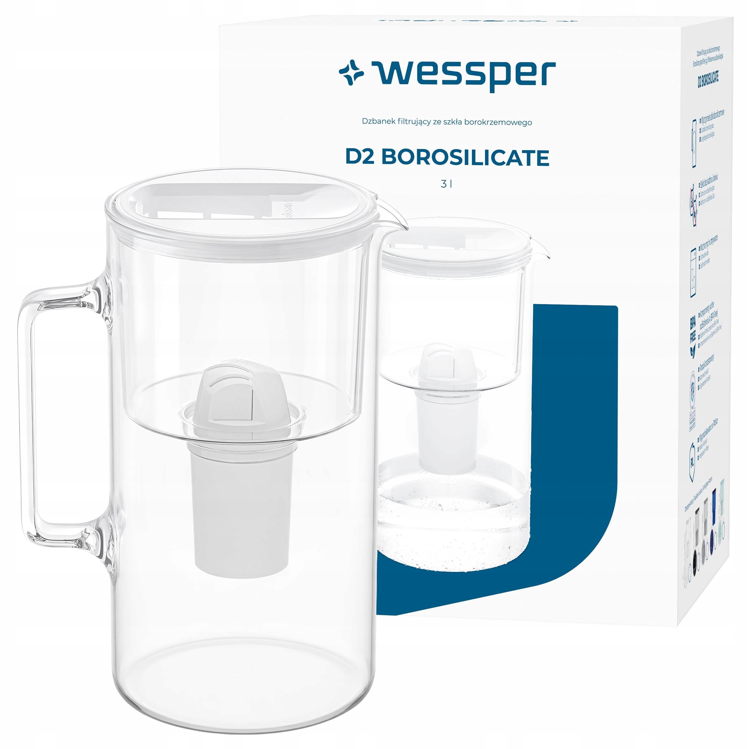 Glass filter jug Wessper D2 BOROSILICATE 3l white + 1x filter