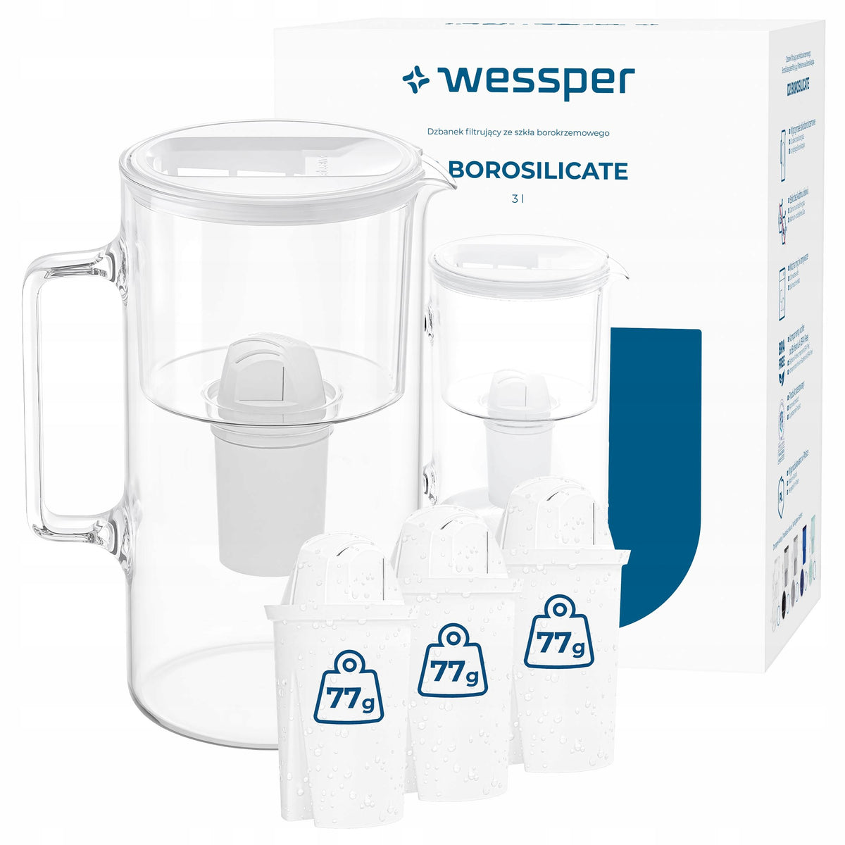 Glass filter jug Wessper D2 BOROSILICATE 3l white + 4x filter