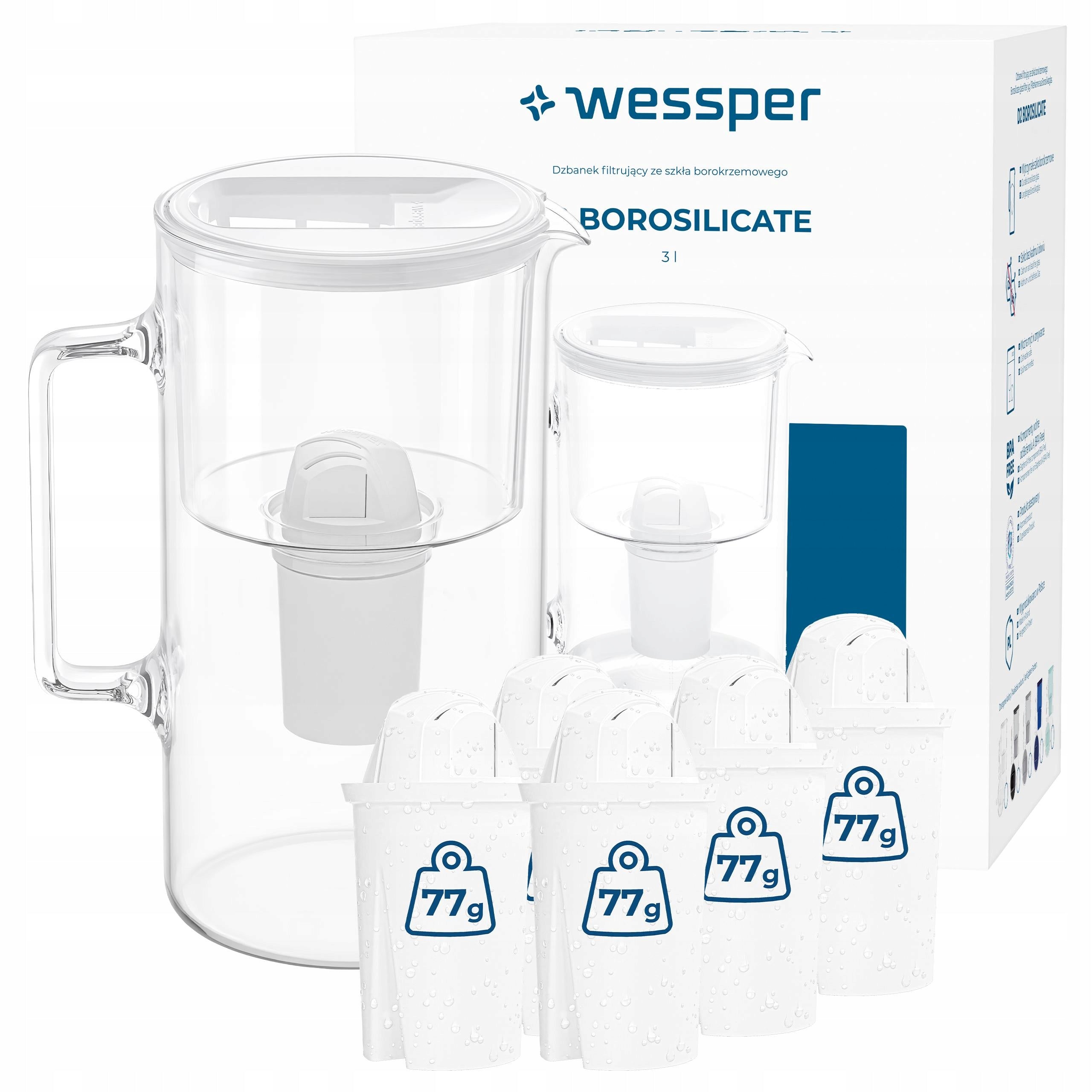 Glass filter jug Wessper D2 BOROSILICATE 3l white + 6x cartridge