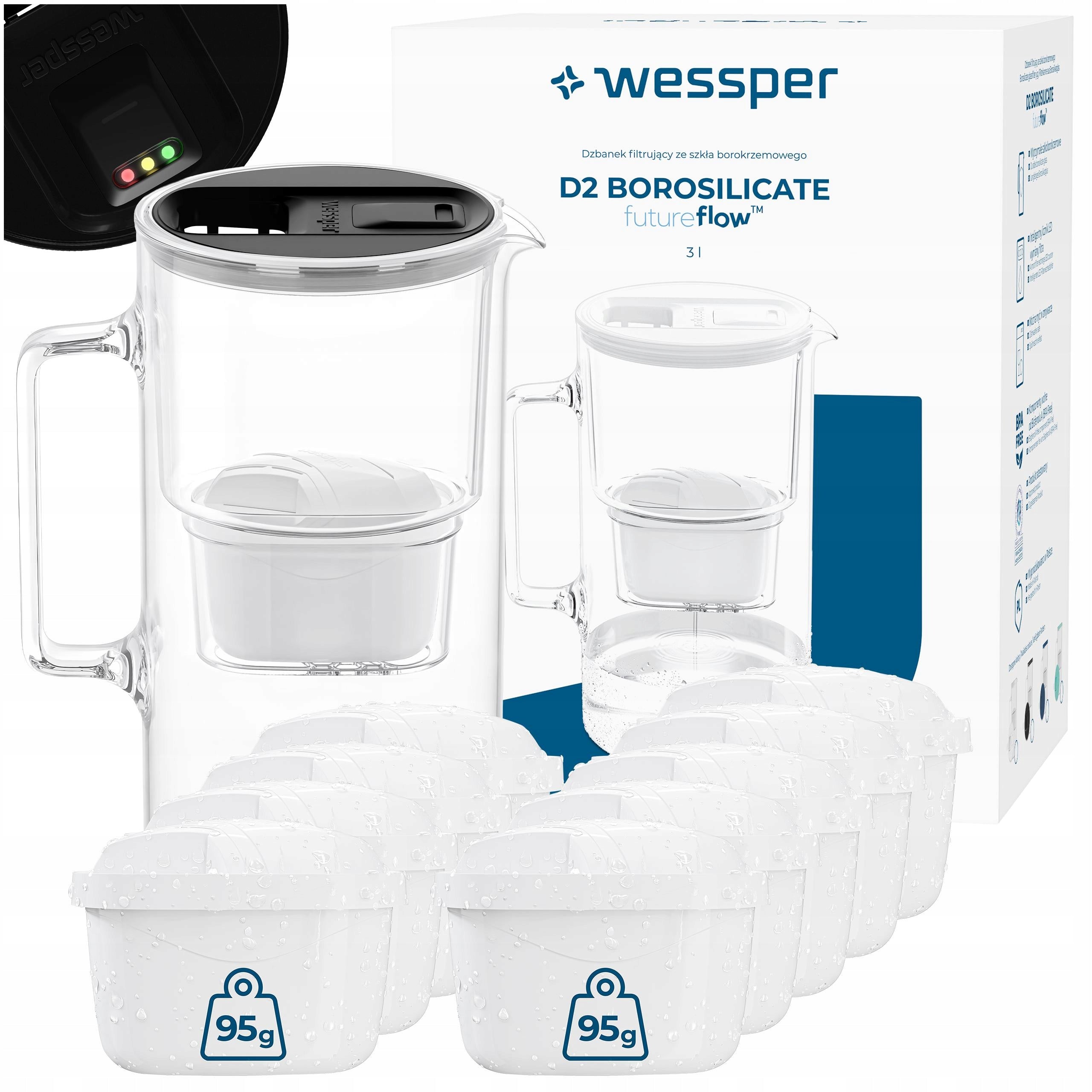 Glass filter jug Wessper D2 BOROSILICATE FF 3l LED + 10x filter