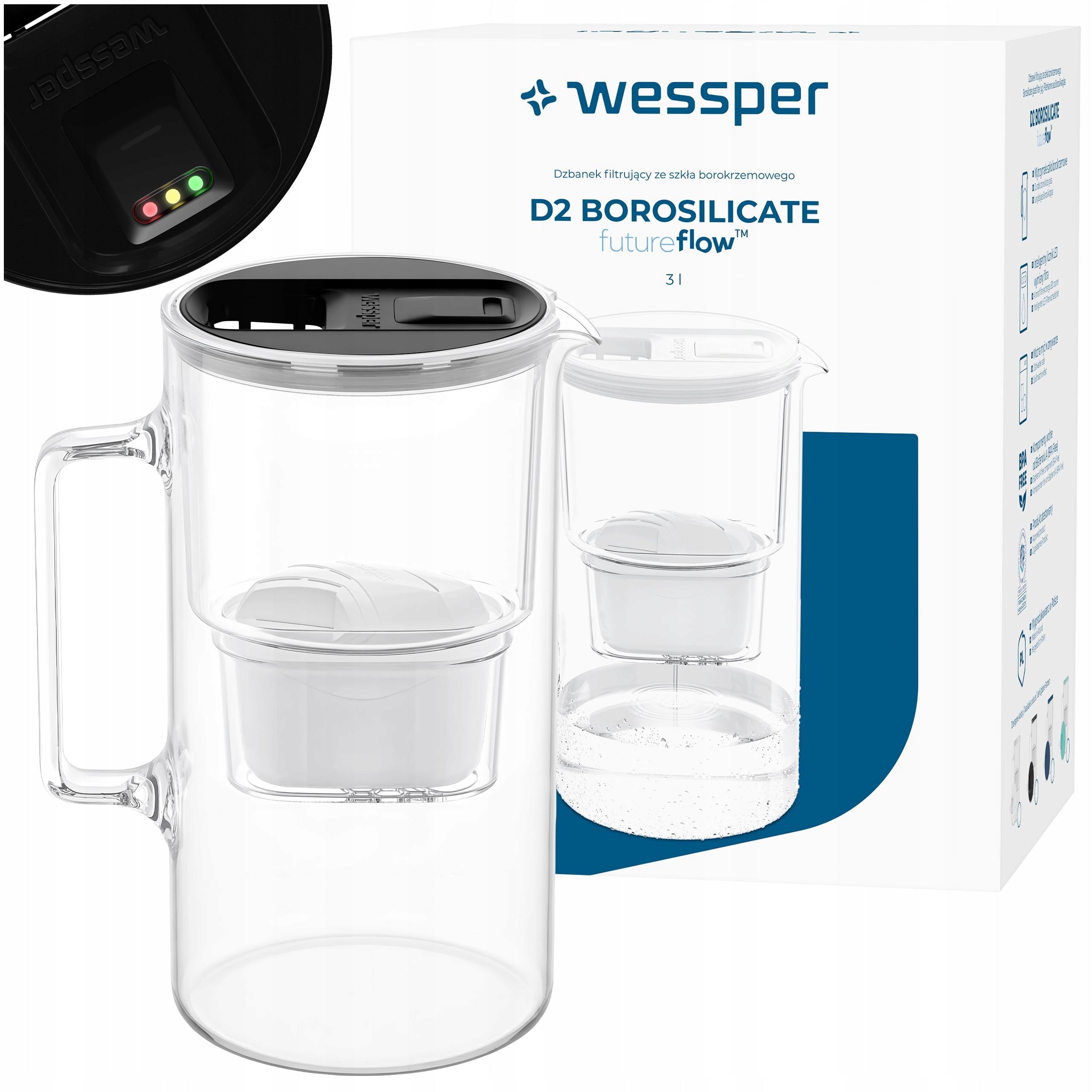 Glass filter jug Wessper D2 BOROSILICATE FF 3l LED + 1x filter