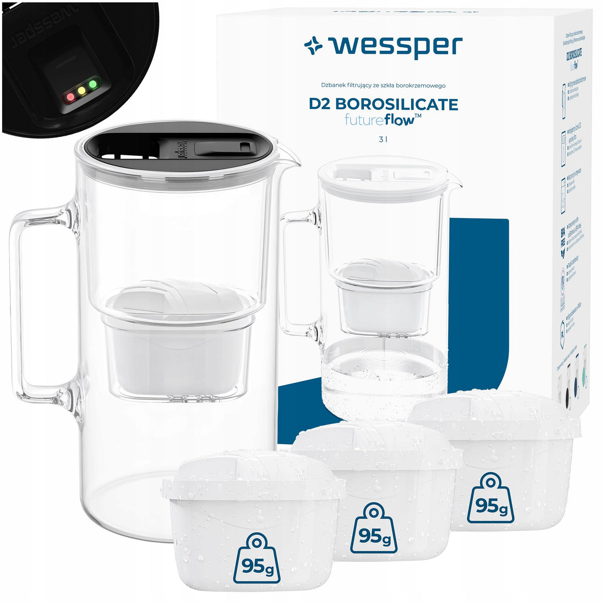 Glass filter jug Wessper D2 BOROSILICATE FF 3l LED + 4x filter