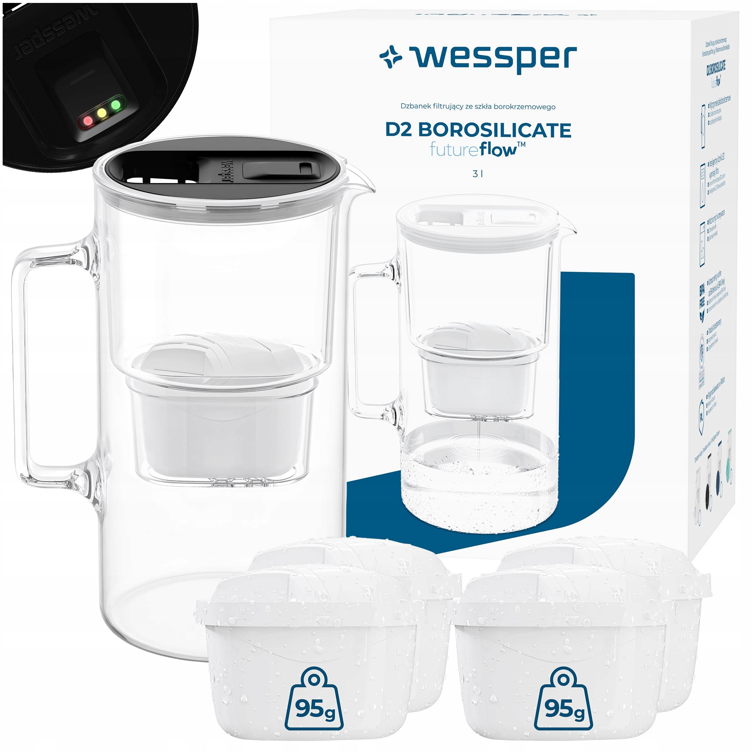 Glass filter jug Wessper D2 BOROSILICATE FF 3l LED + 5x filter