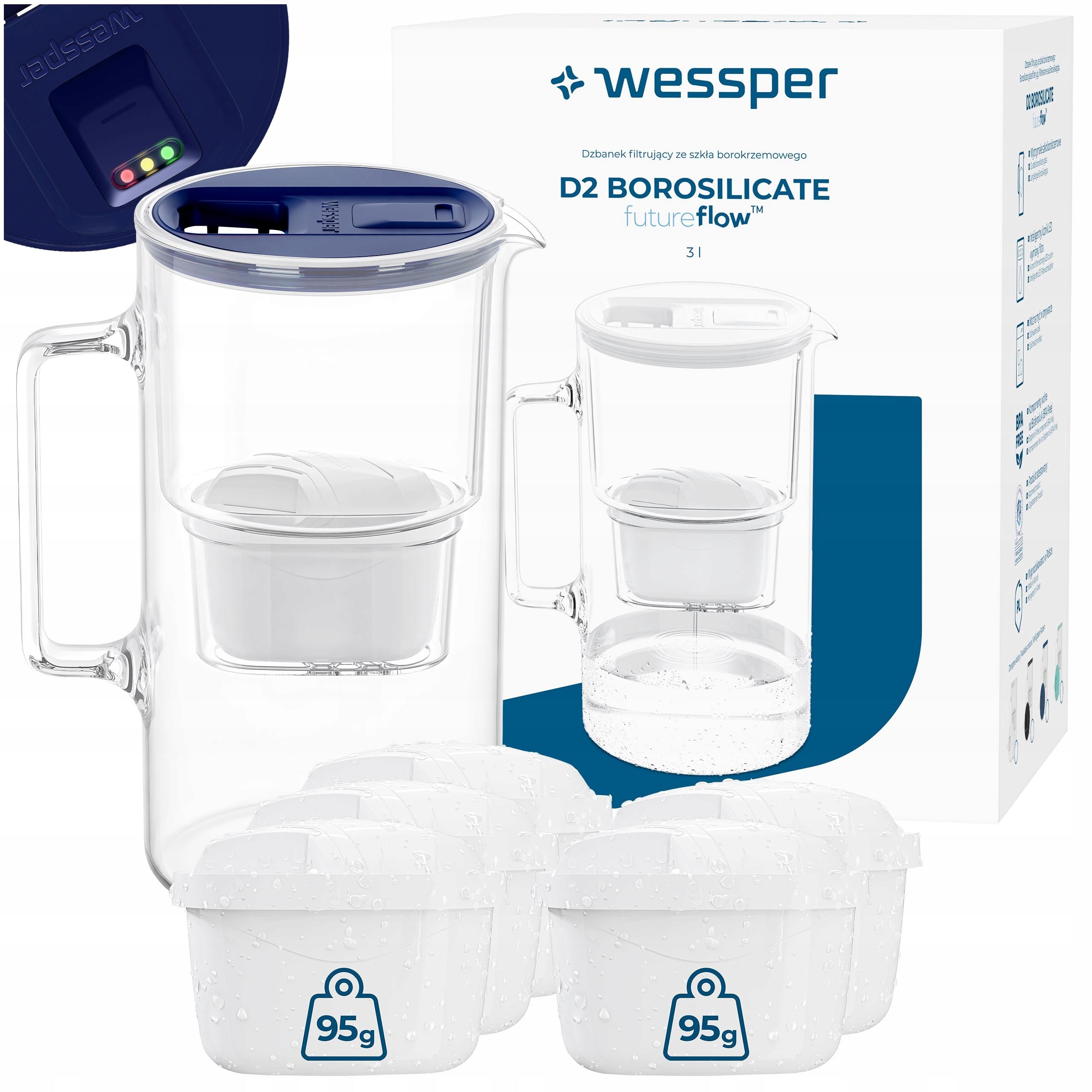Glass filter jug Wessper D2 BOROSILICATE FF 3l navy blue + 6x filter