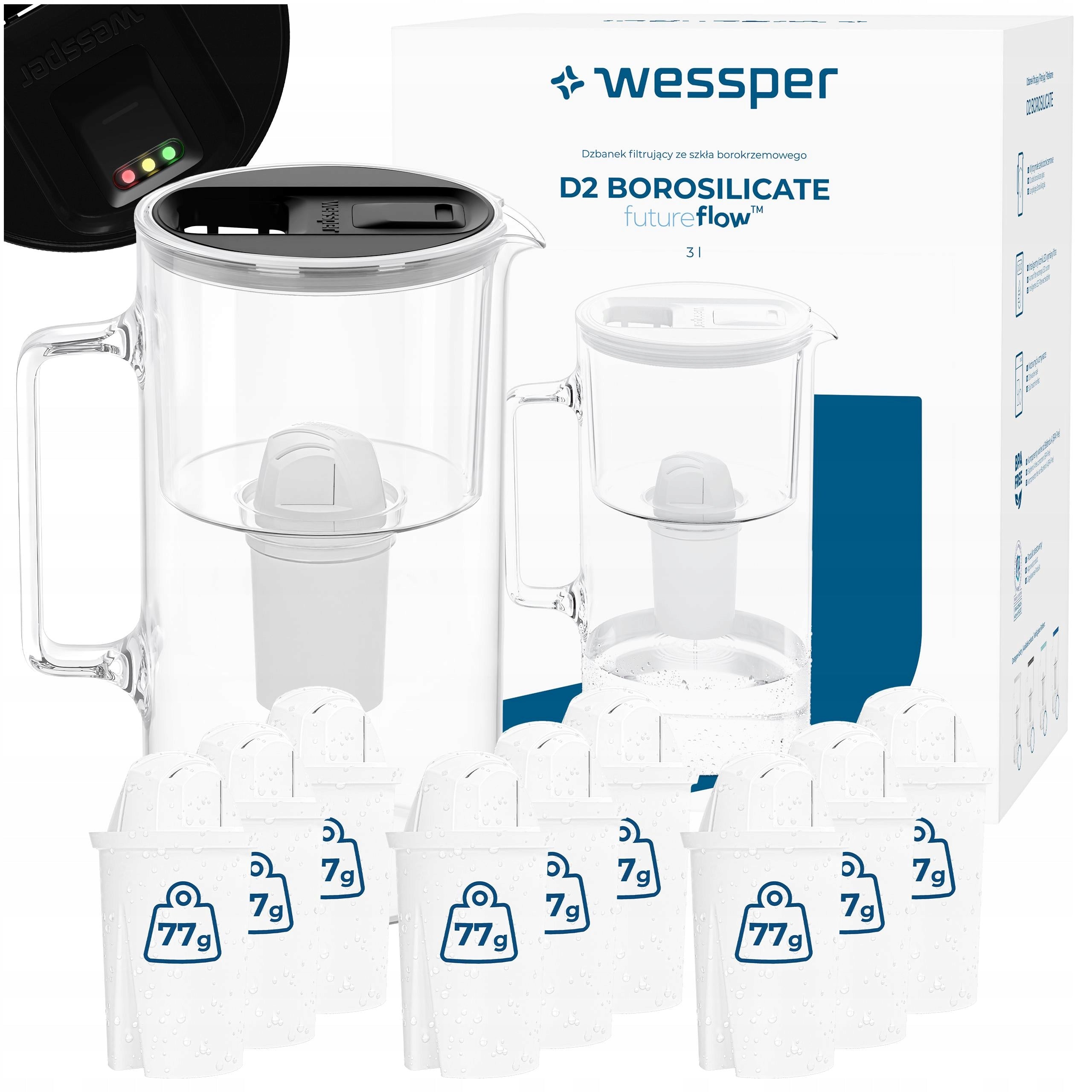 Glass filter jug Wessper D2 BOROSILICATE FF LED 3l + 10x filter