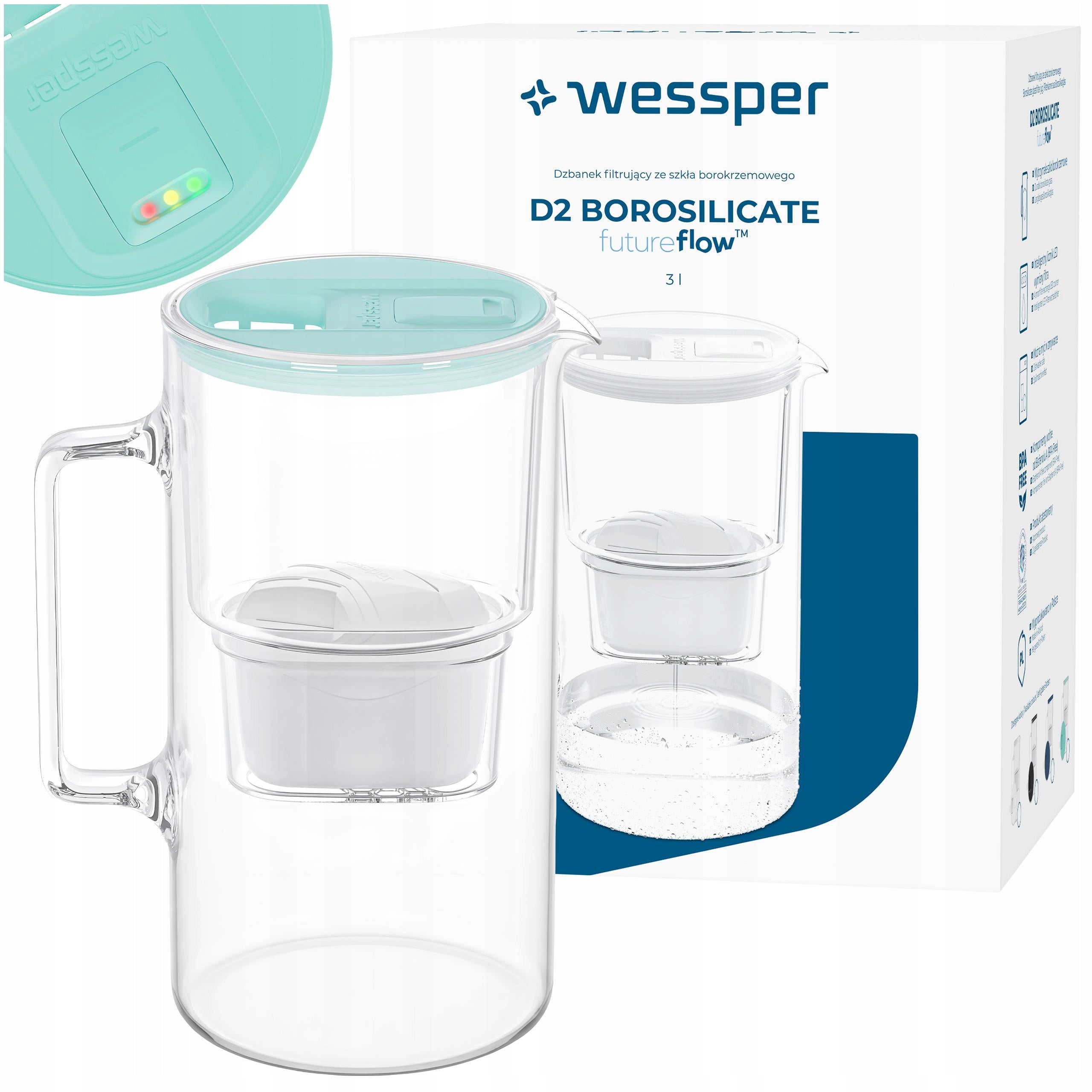 Glass filter jug Wessper D2 BOROSILICATE FF LED 3l mint +filter