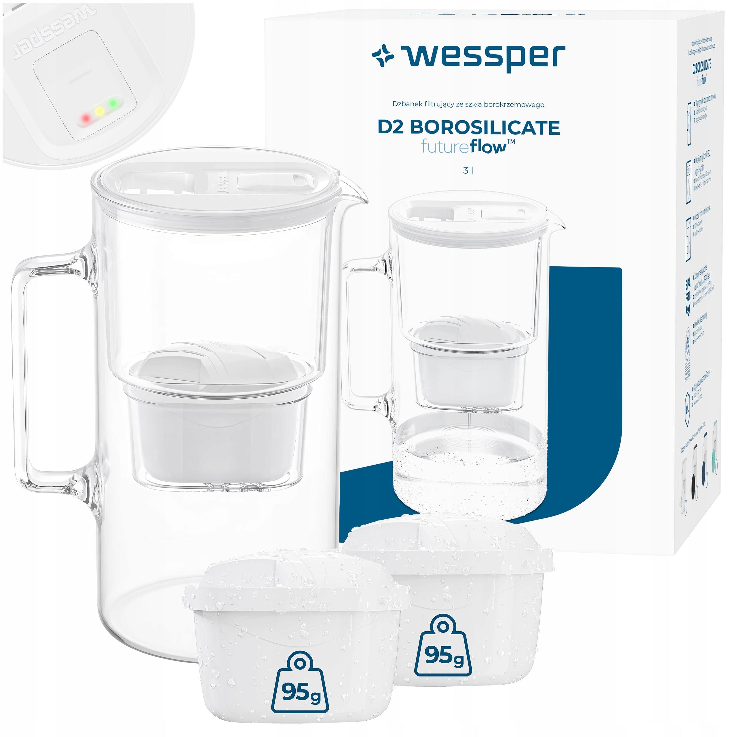 Glass filter jug Wessper D2 BOROSILICATE FF LED counter + 3 filter
