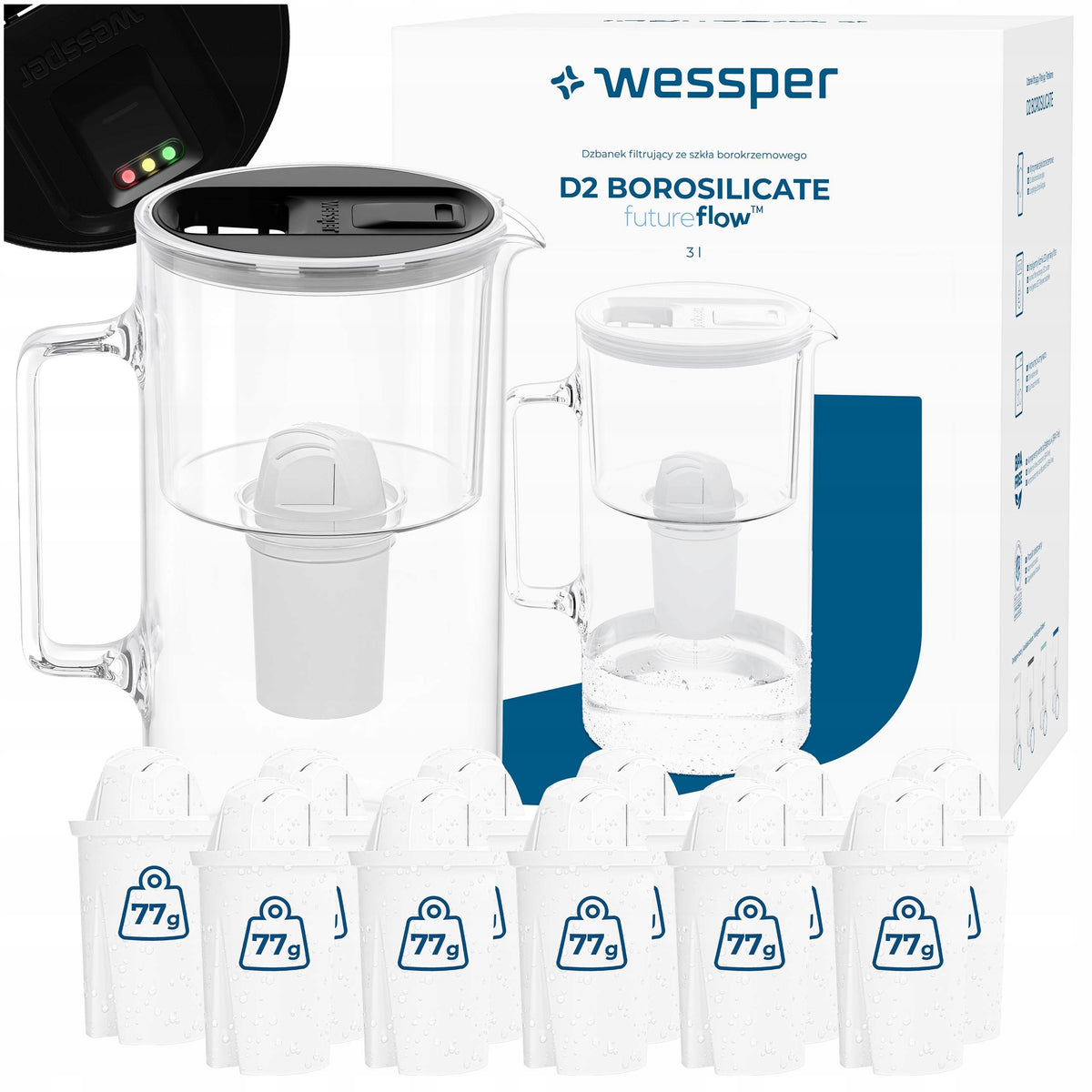 Glass filter jug Wessper D2 BOROSILICATE futureflow 3l +12x filter