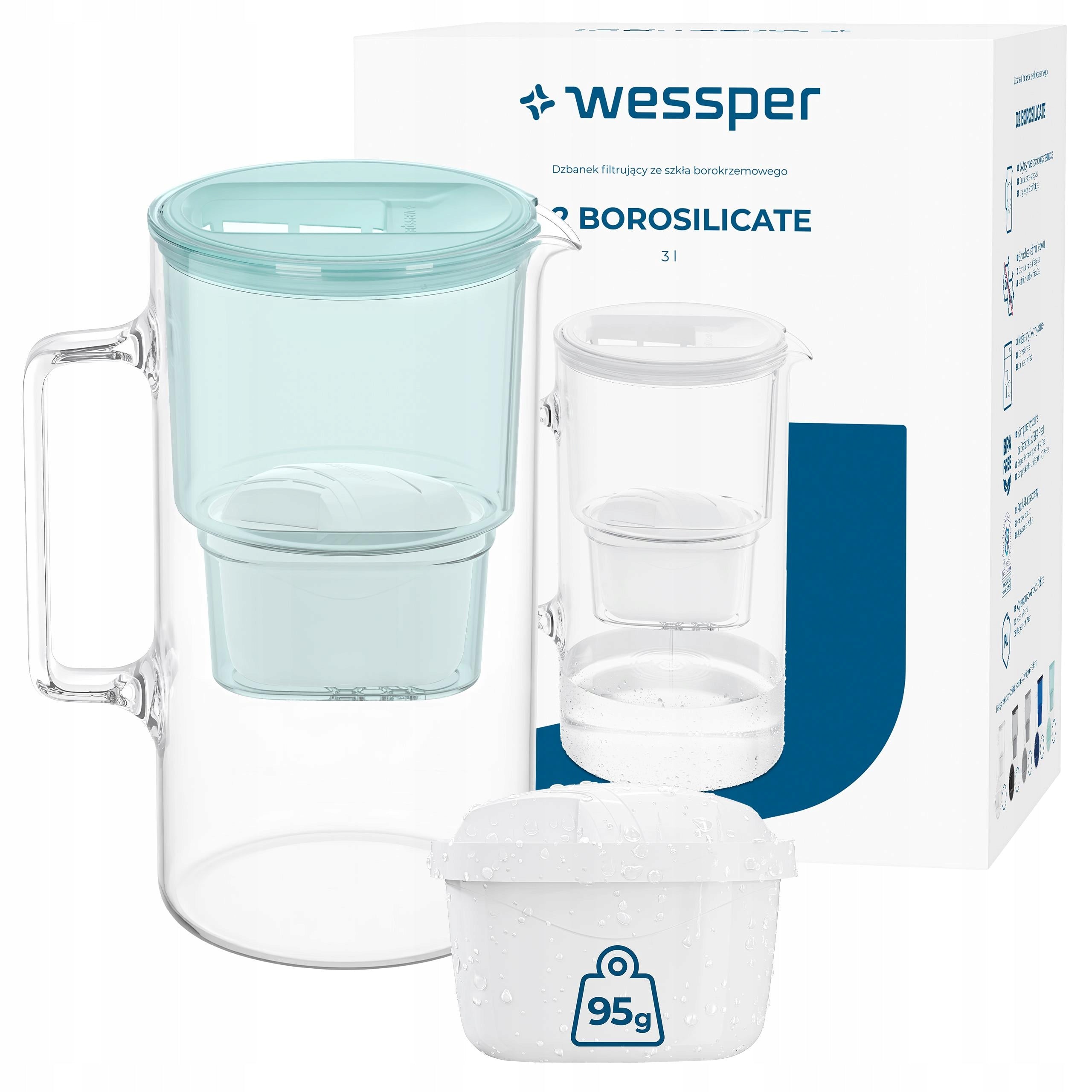 Glass filter jug Wessper D2 Borosilicate 3l + 2x water filter