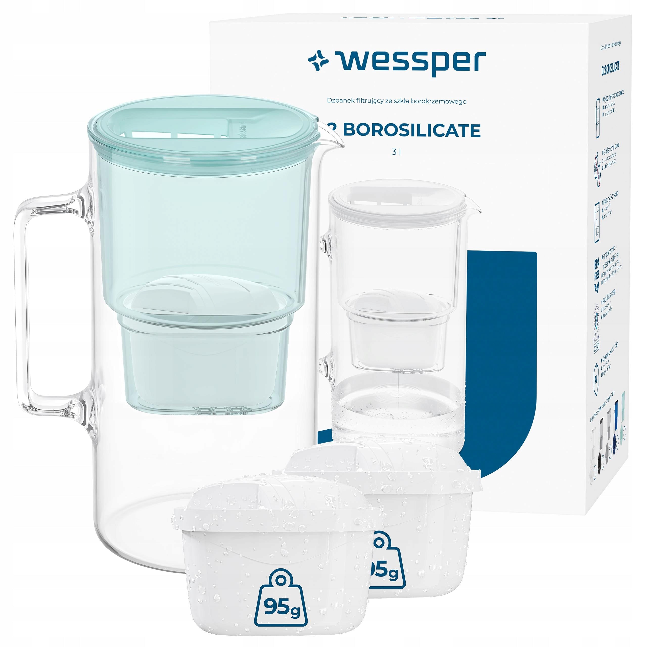 Glass filter jug Wessper D2 Borosilicate 3l + 3x water filter