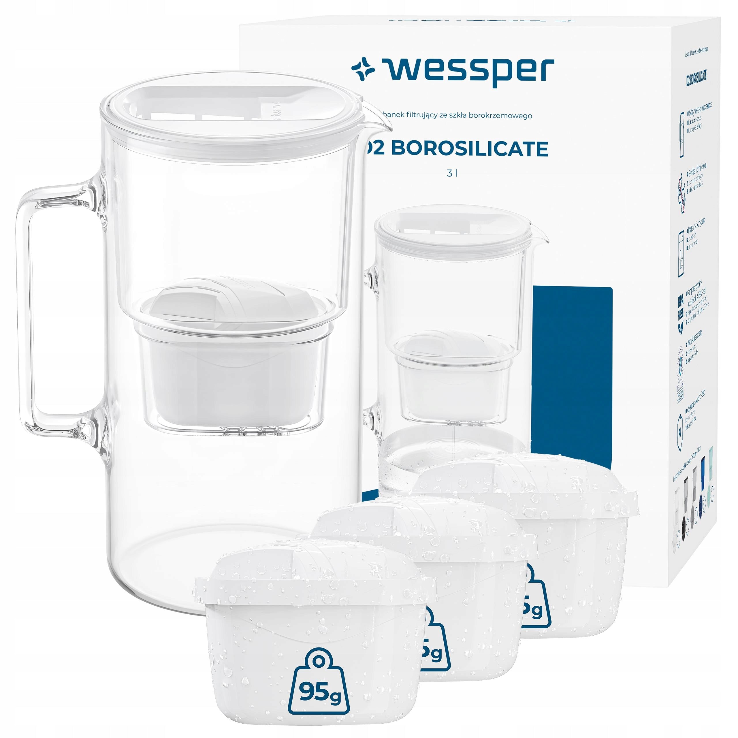 Glass filter jug Wessper D2 Borosilicate 3l + 4x Aquamax filter