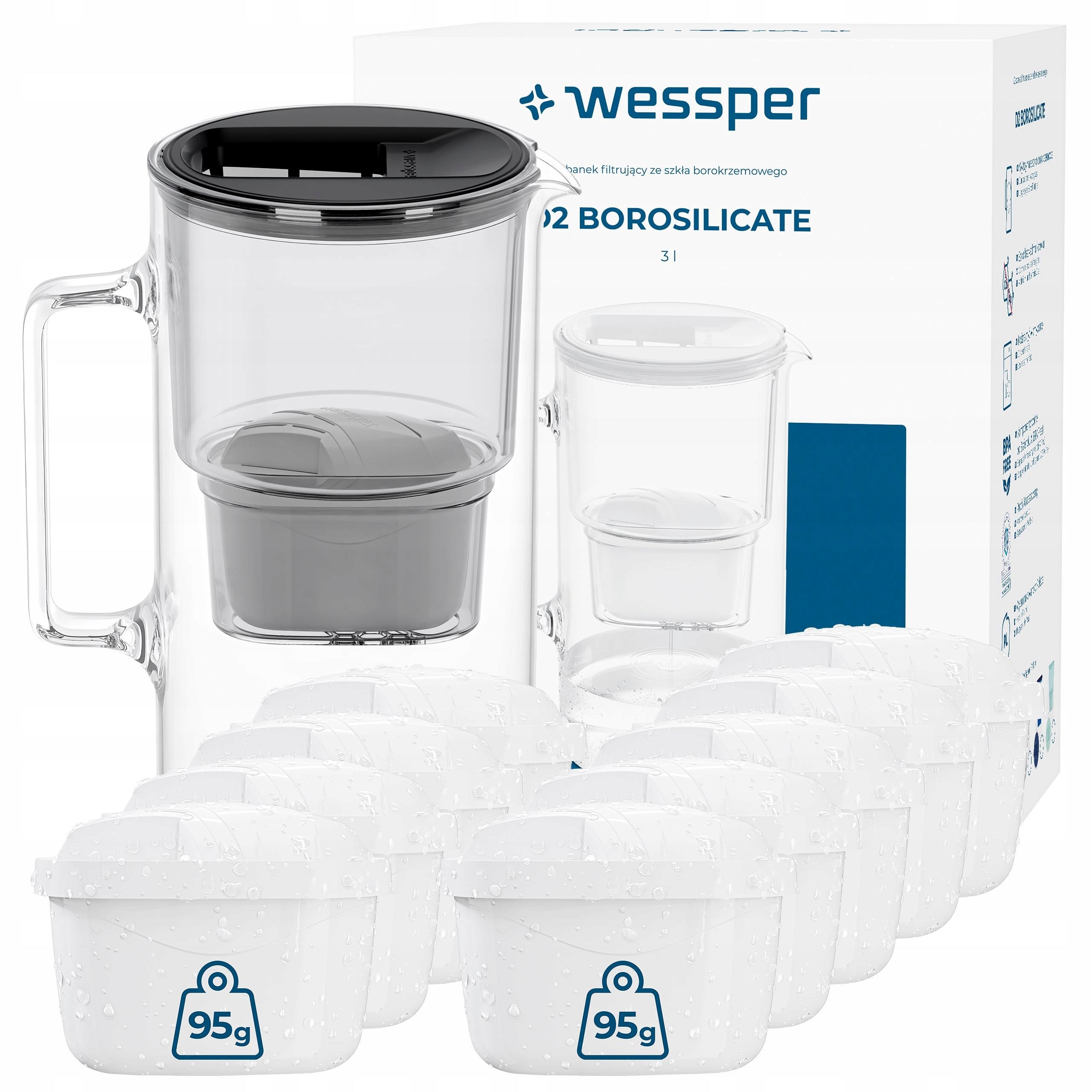 Glass filter jug Wessper D2 Borosilicate 3l black + 10x filter