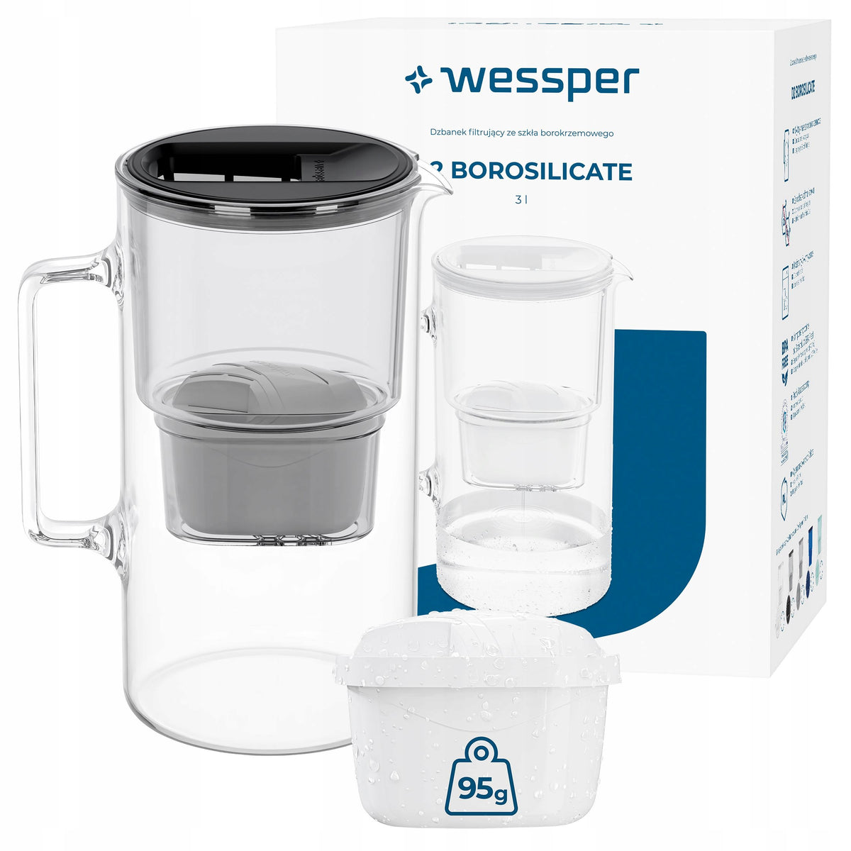 Glass filter jug Wessper D2 Borosilicate 3l black + 2x filter