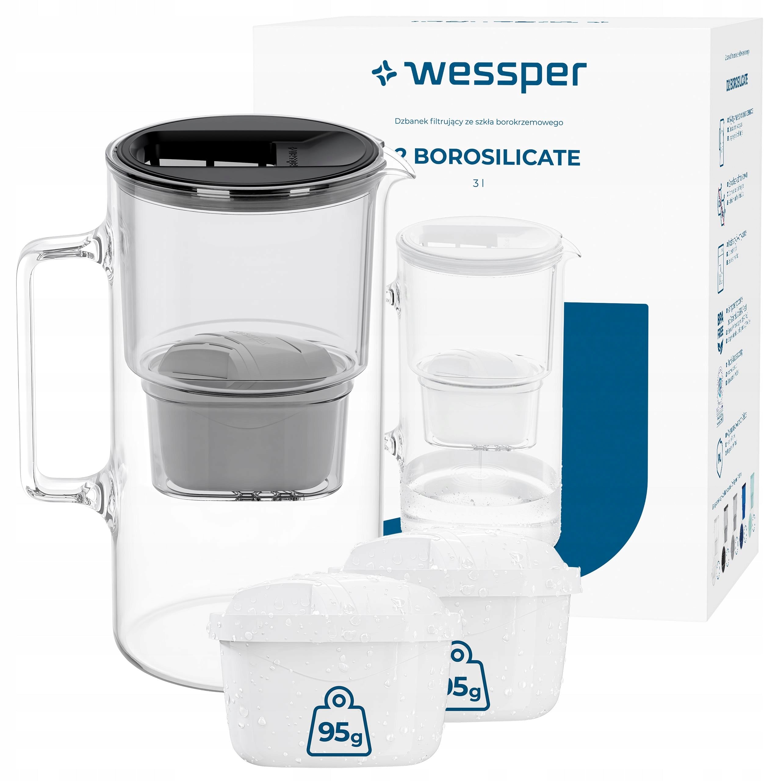 Glass filter jug Wessper D2 Borosilicate 3l black + 3x filter