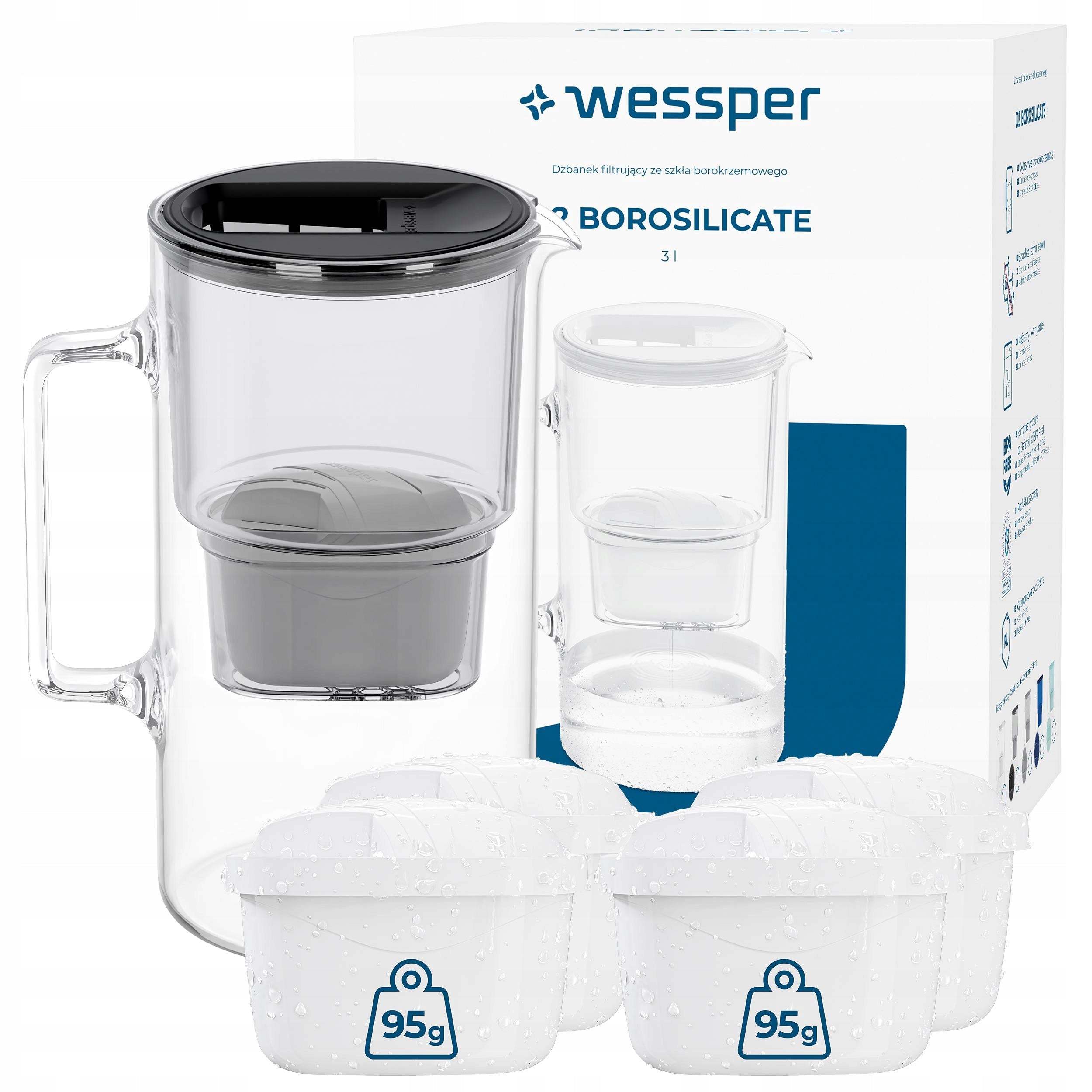 Glass filter jug Wessper D2 Borosilicate 3l black + 5x filter