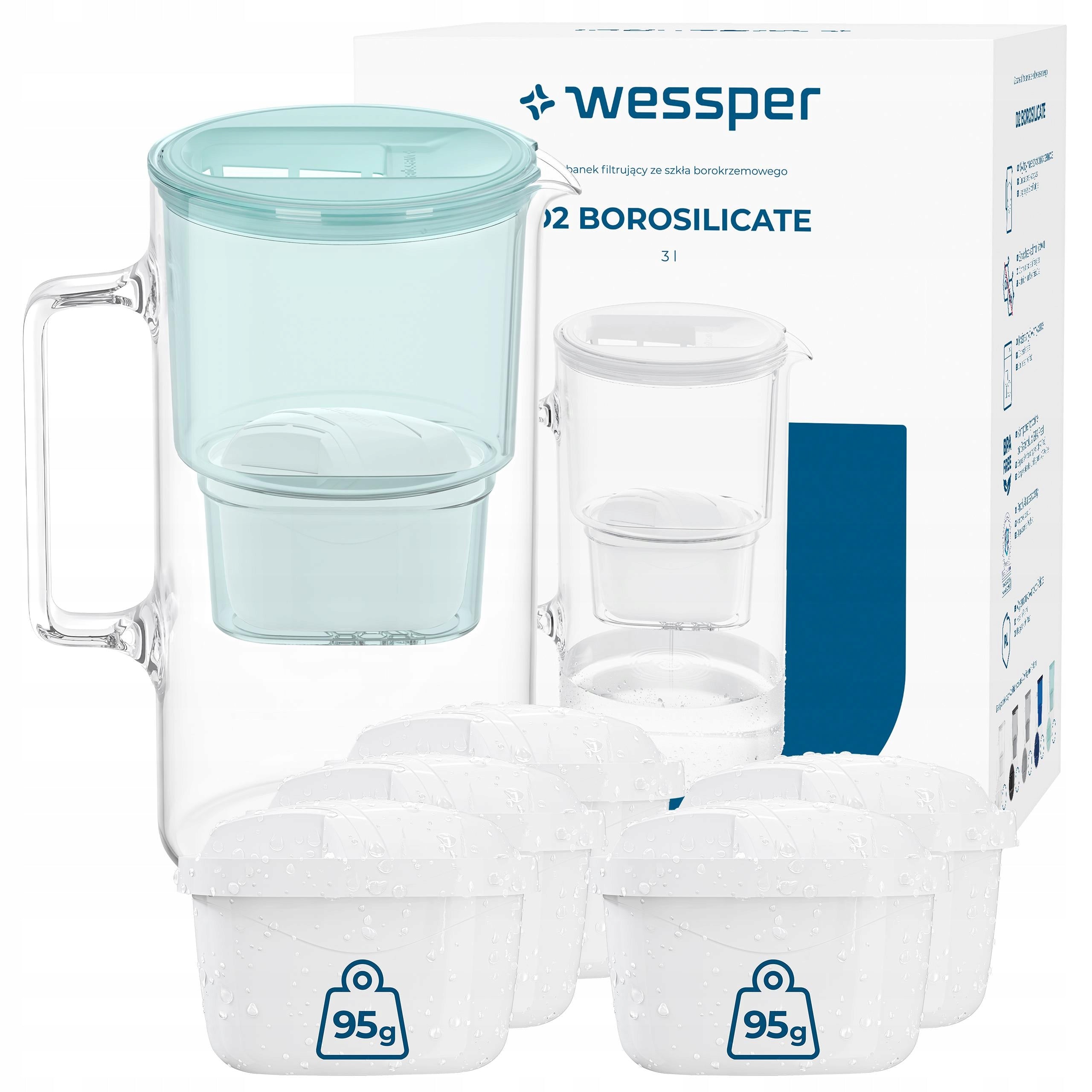 Glass filter jug Wessper D2 Borosilicate 3l mint + 6x filter