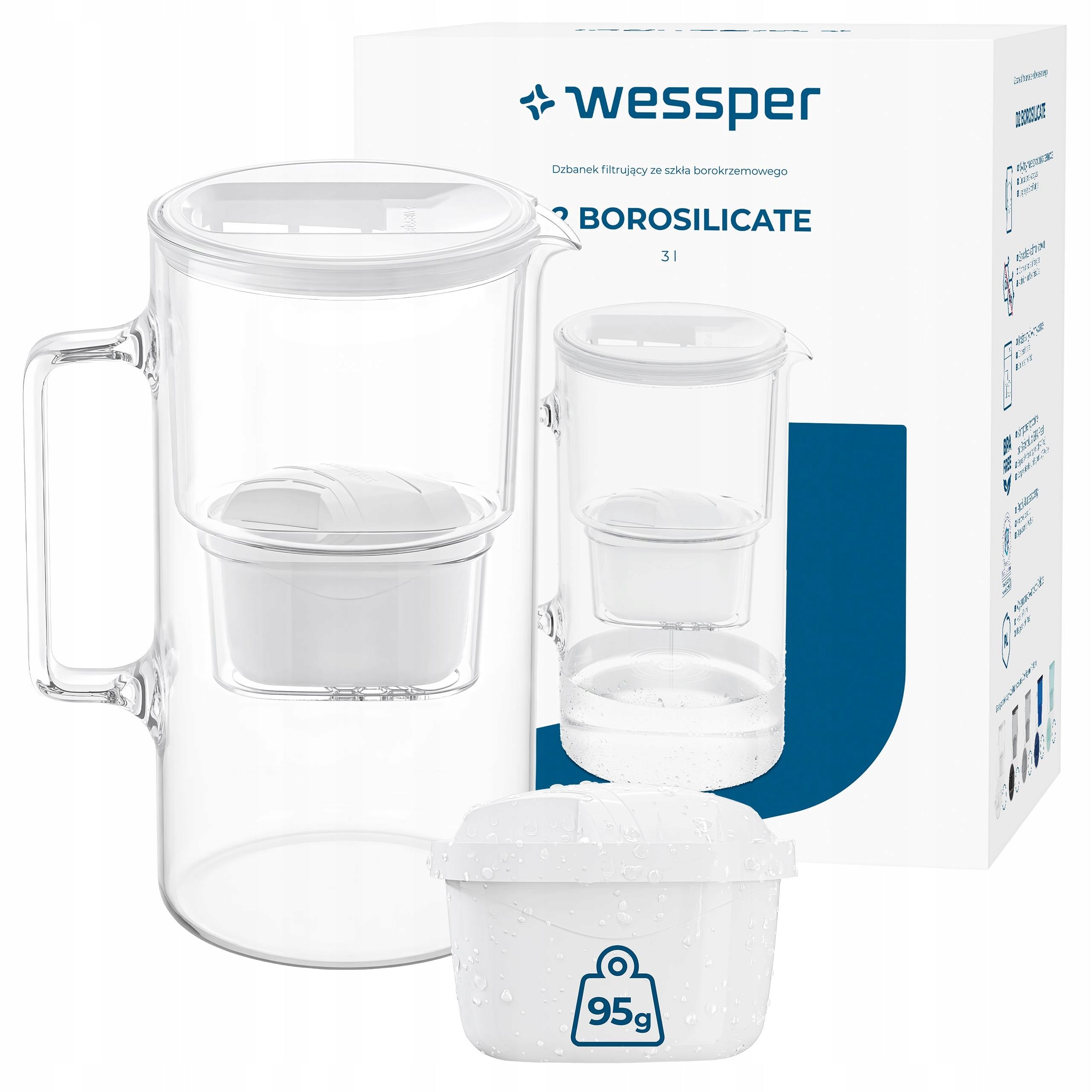 Glass filter jug Wessper D2 Borosilicate 3l white + 2x filter
