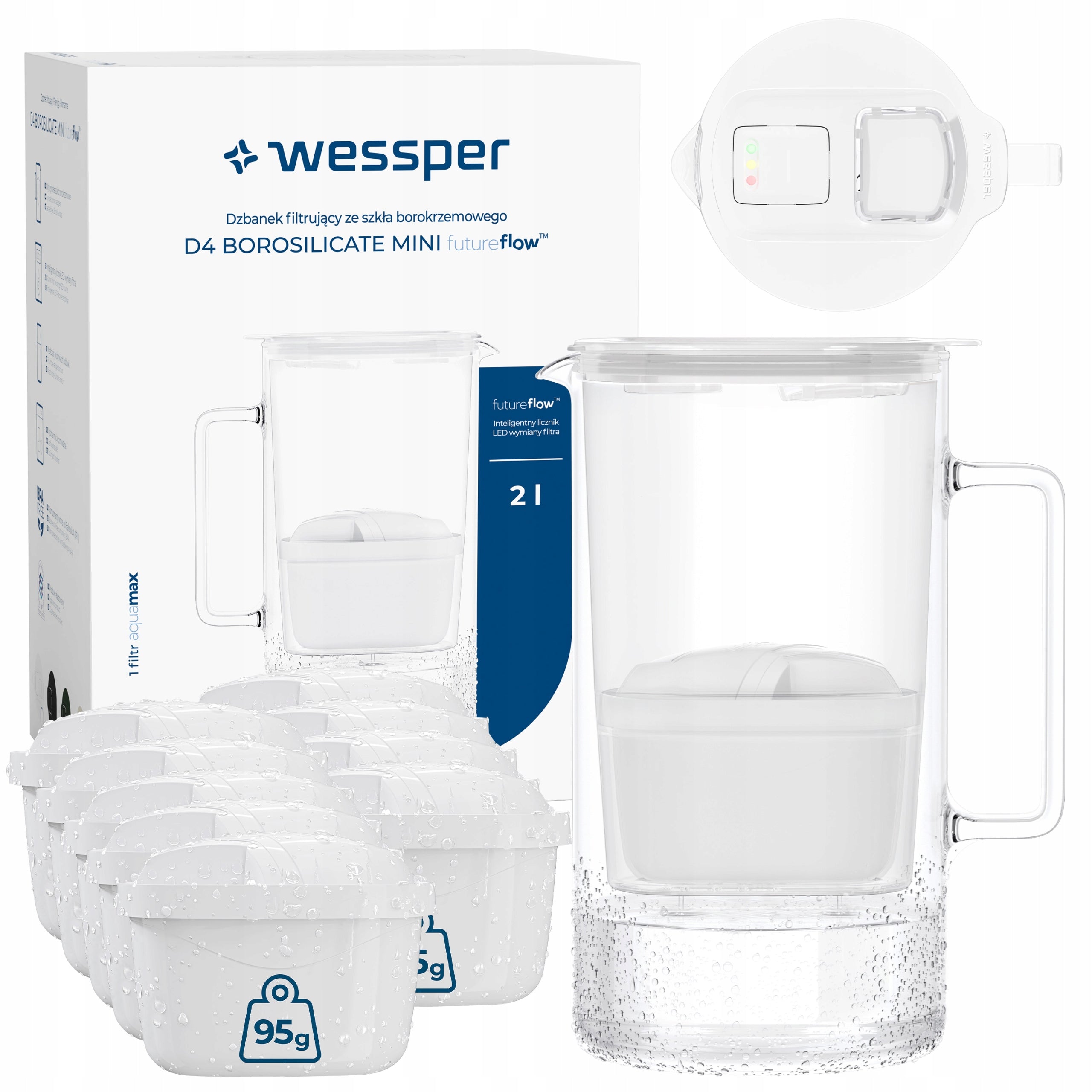 Glass filter jug Wessper D4 BOROSILICATE MINI + 10x filter