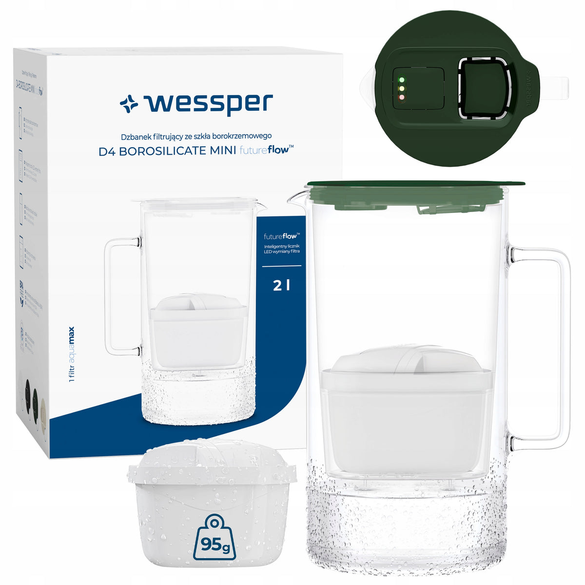 Glass filter jug Wessper D4 BOROSILICATE MINI 2l + 2x filter